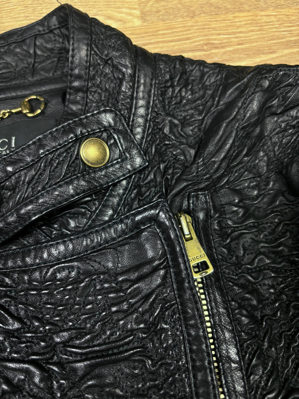 Gucci by Frida Giannini Asymmetrical Wrinkled Stretch Leather Jacket