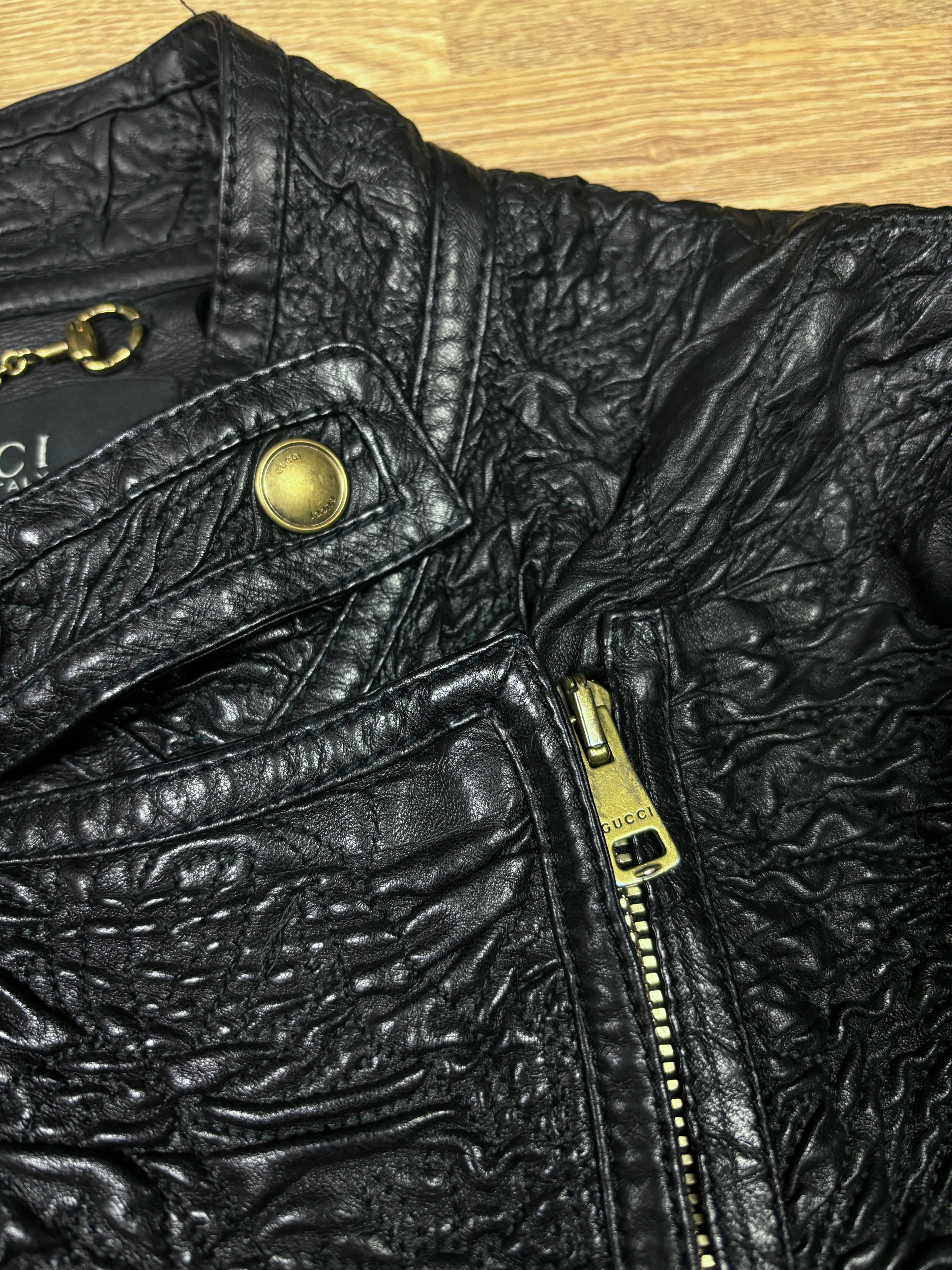 Gucci by Frida Giannini Asymmetrical Wrinkled Stretch Leather Jacket