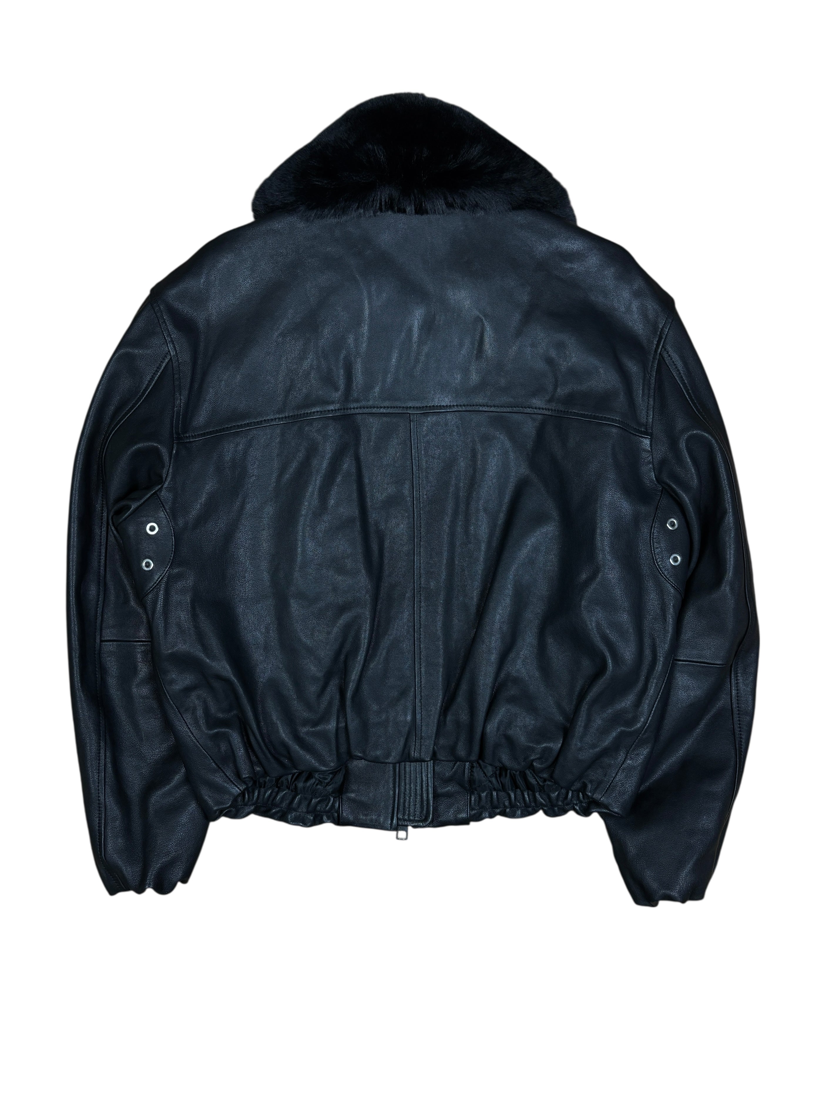 Diesel Black Leather Fur Collar Bomber Jacket