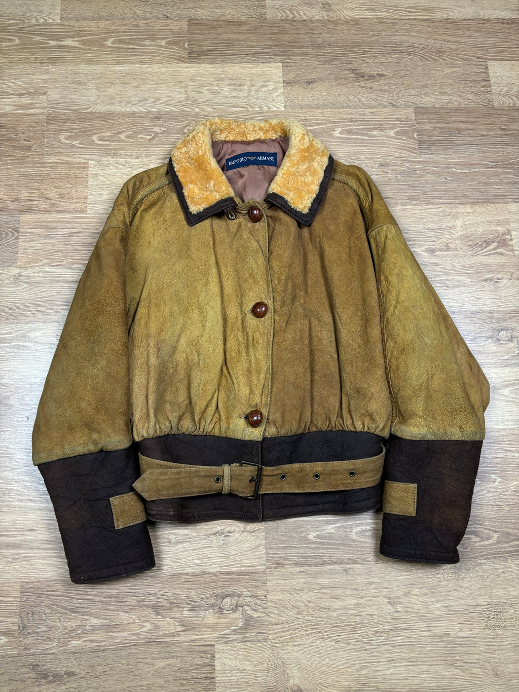 1990s Emporio Armani Shearling Collar Distressed Suede Aviator Jacket