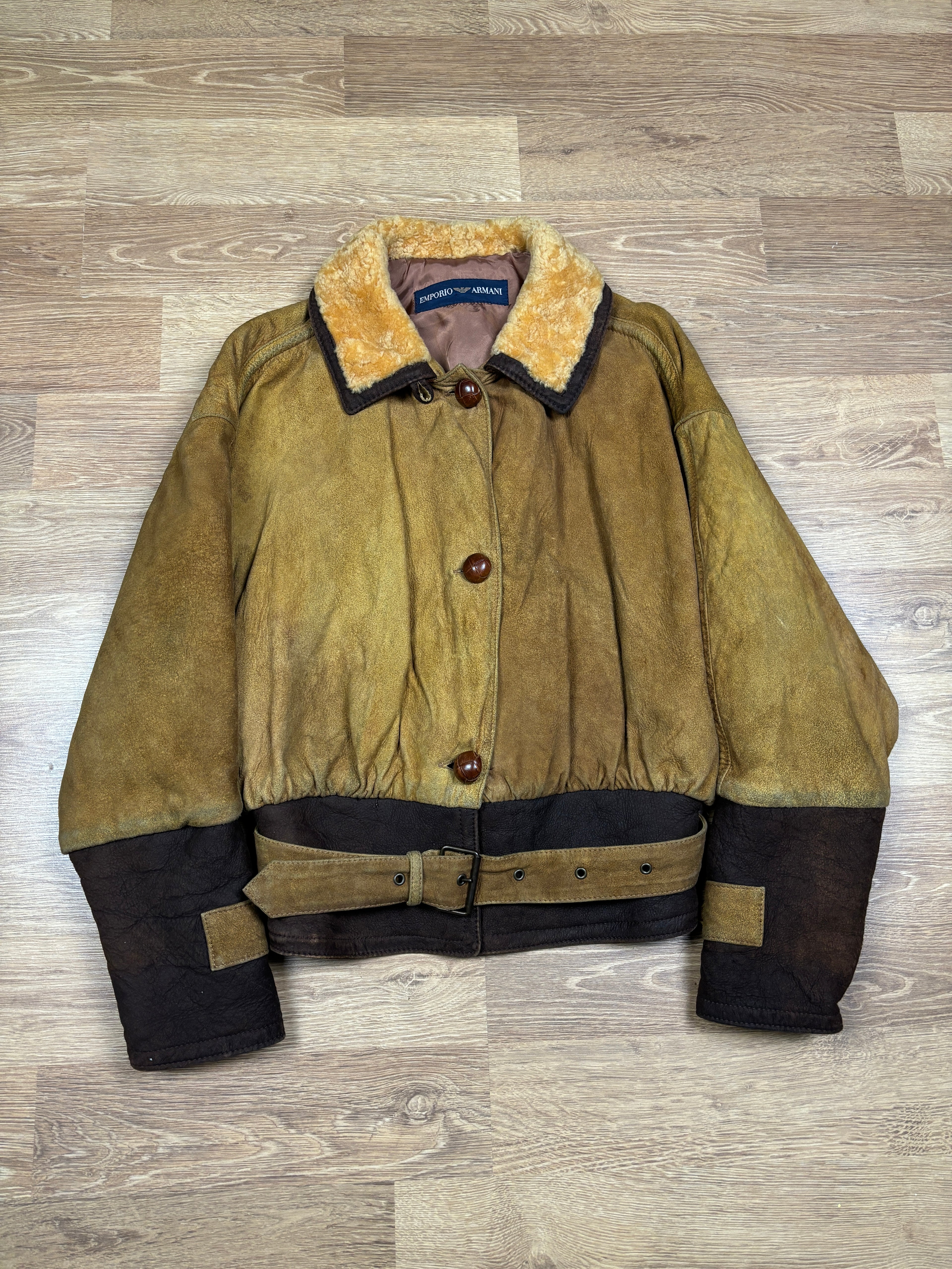 1990s Emporio Armani Shearling Collar Distressed Suede Aviator Jacket