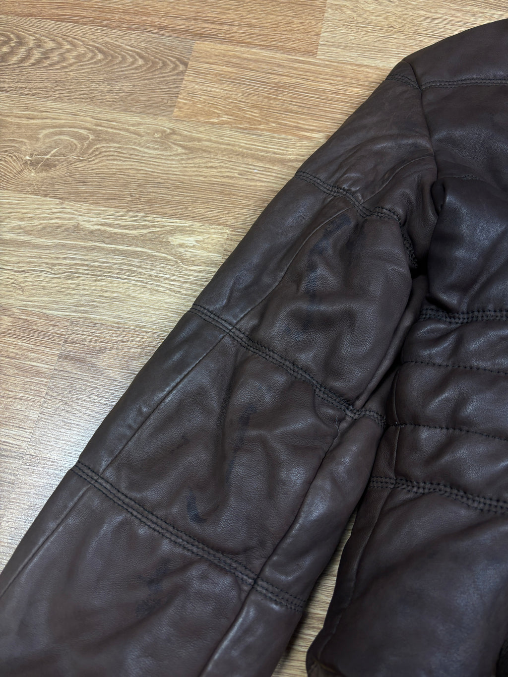 Diesel Brown Leather Puffer Jacket with Ribbed Knit Waist
