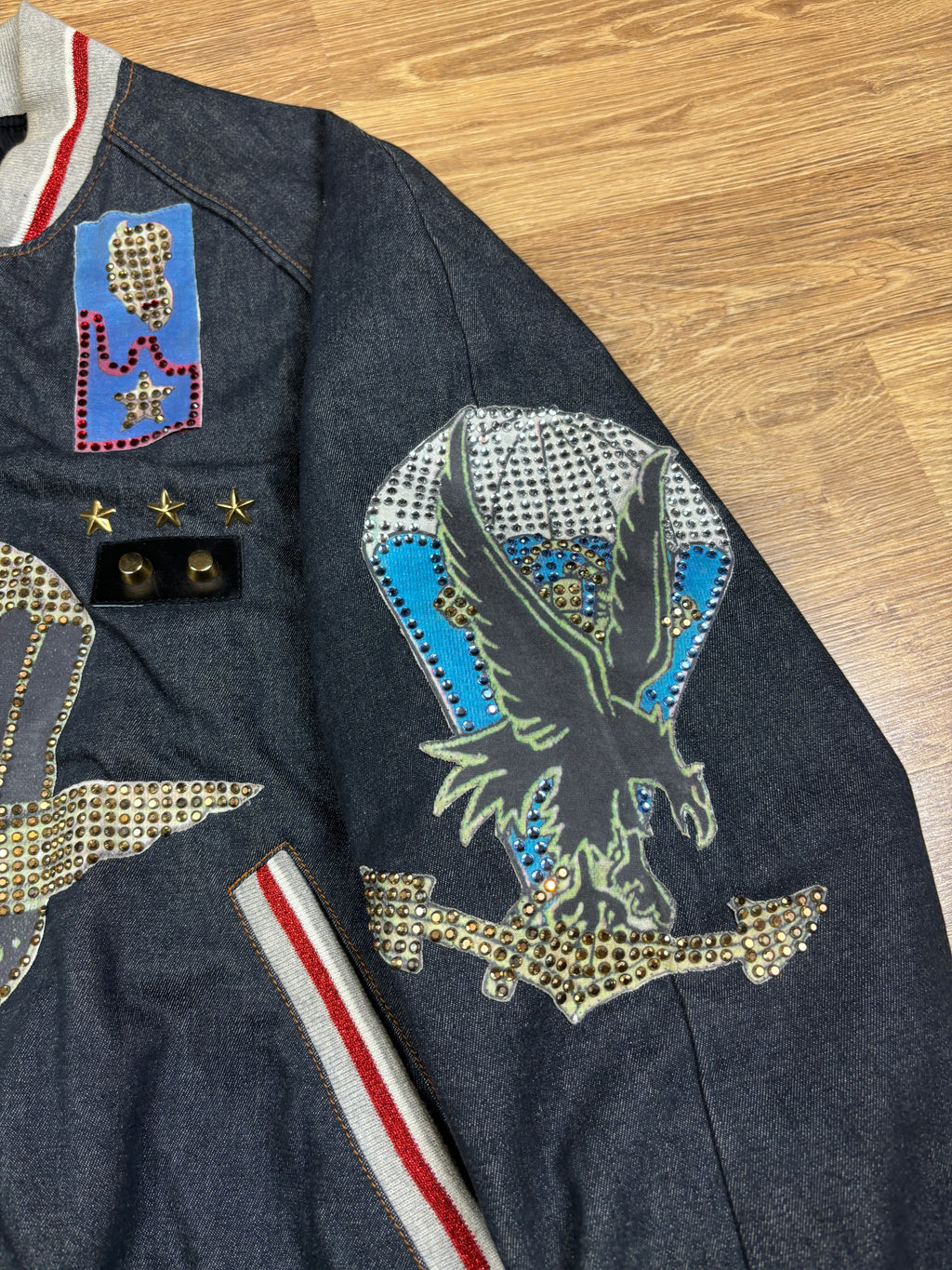 FW2003 Dolce & Gabbana Rhinestone Patchwork Denim Bomber Jacket