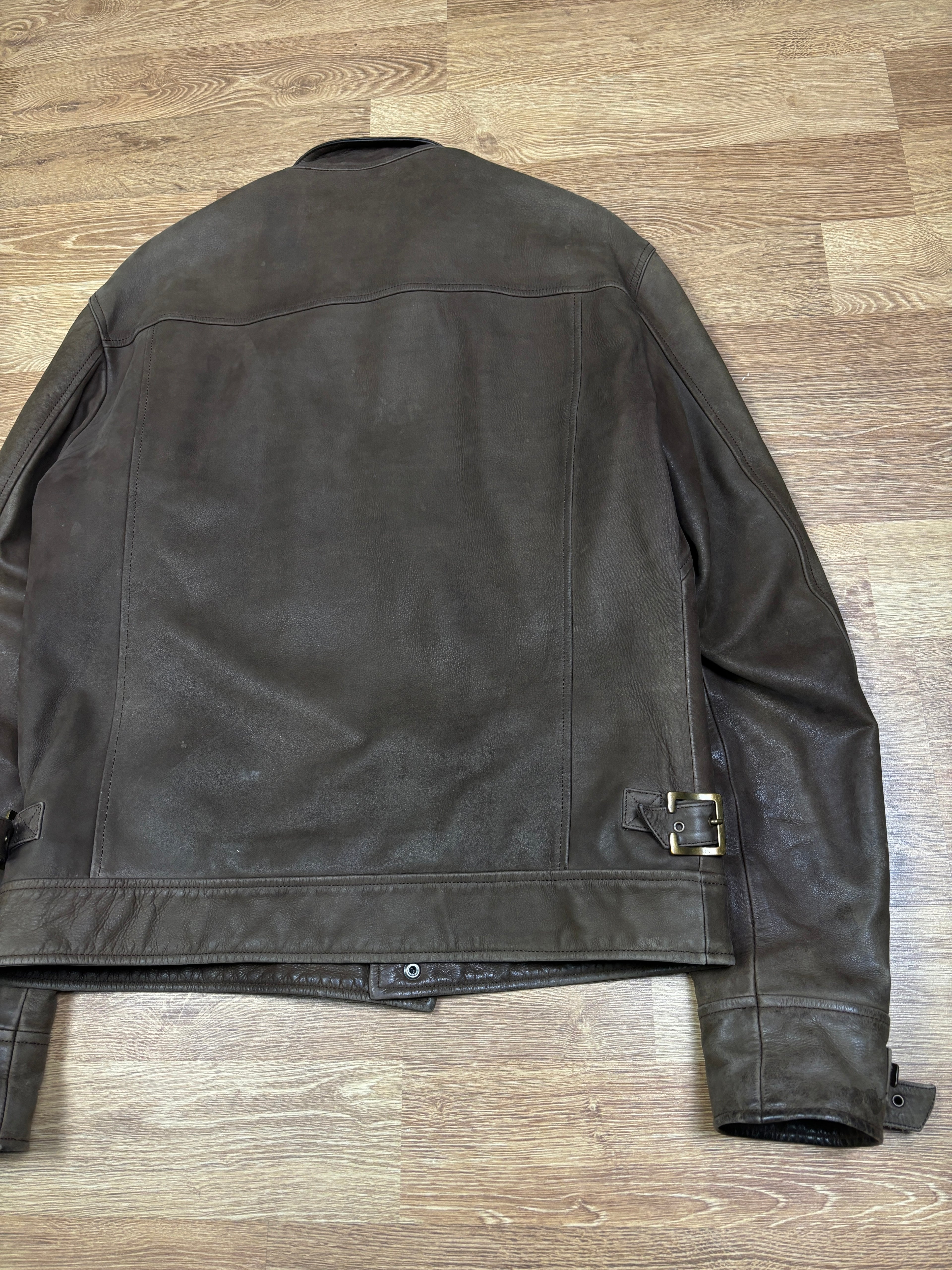 2000s Gianfranco Ferré Distressed Brown Leather Racer Jacket