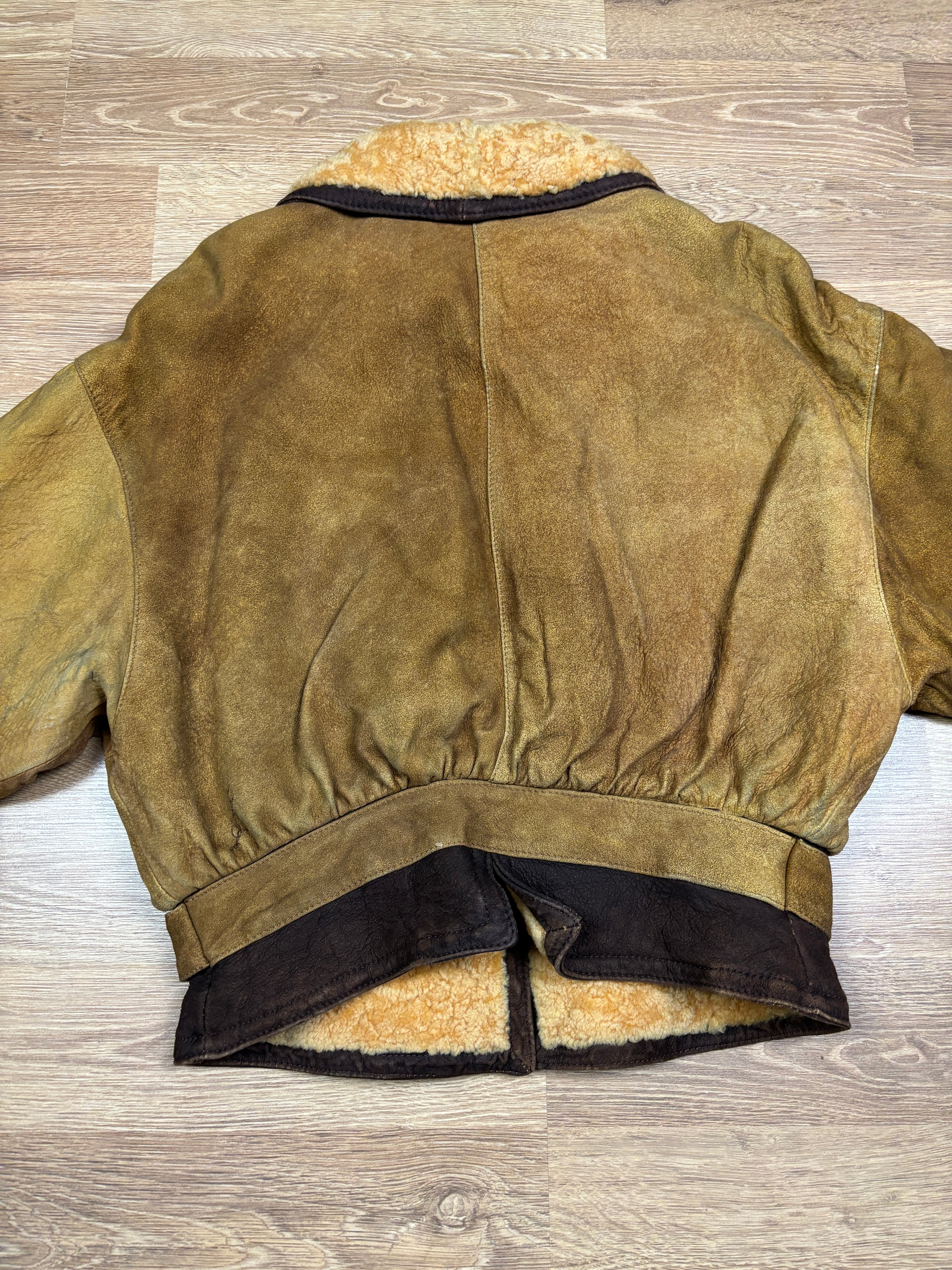 1990s Emporio Armani Shearling Collar Distressed Suede Aviator Jacket