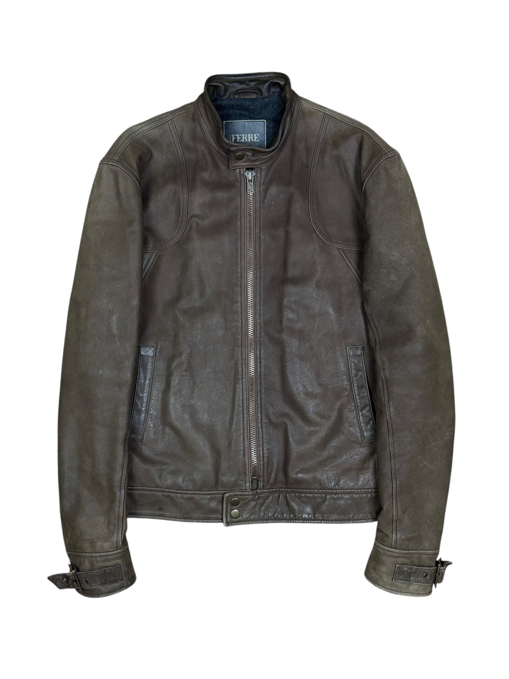 2000s Gianfranco Ferré Distressed Brown Leather Racer Jacket