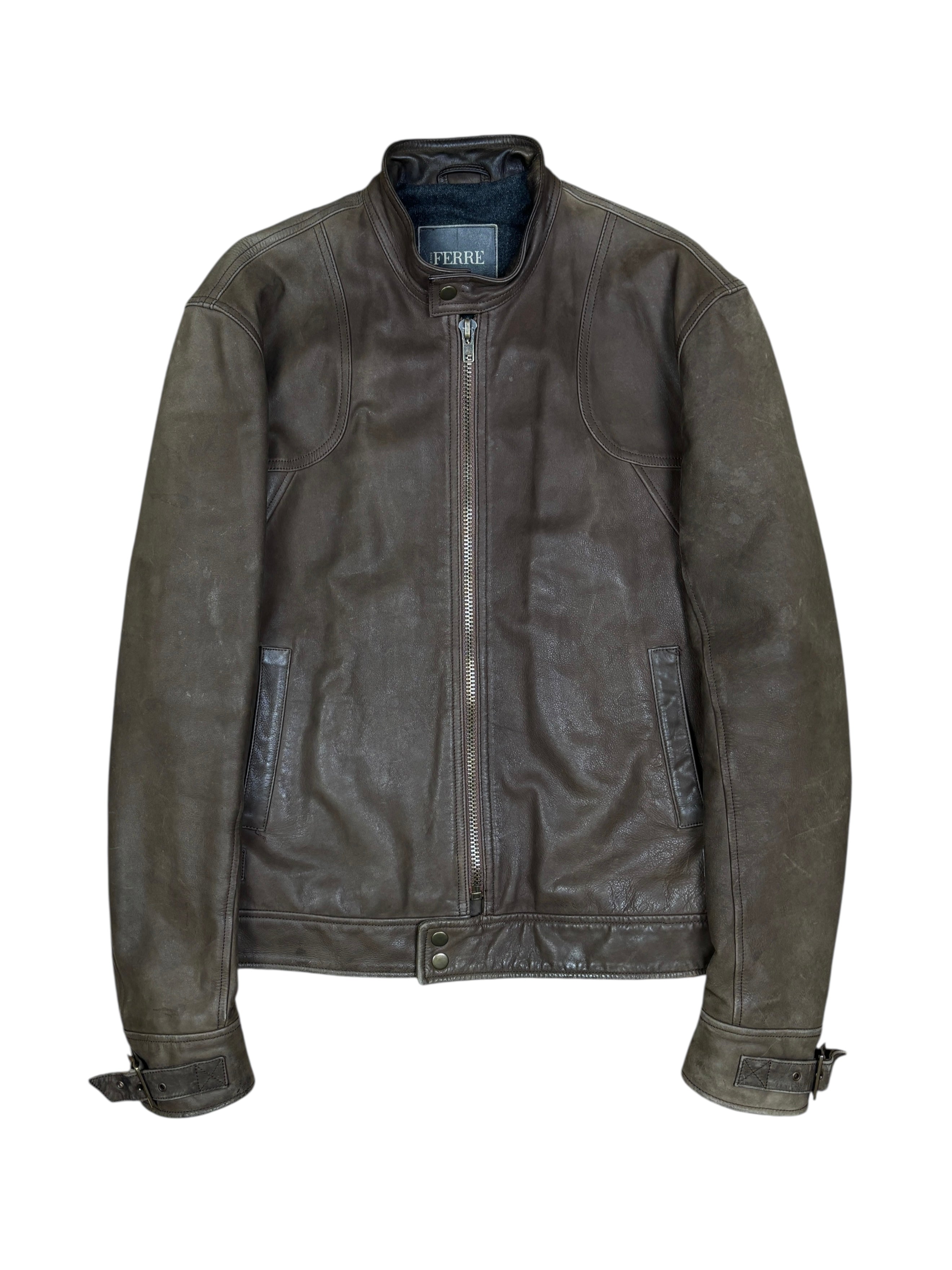 Chaqueta de cuero marrón desgastado Gianfranco Ferré de los años 2000