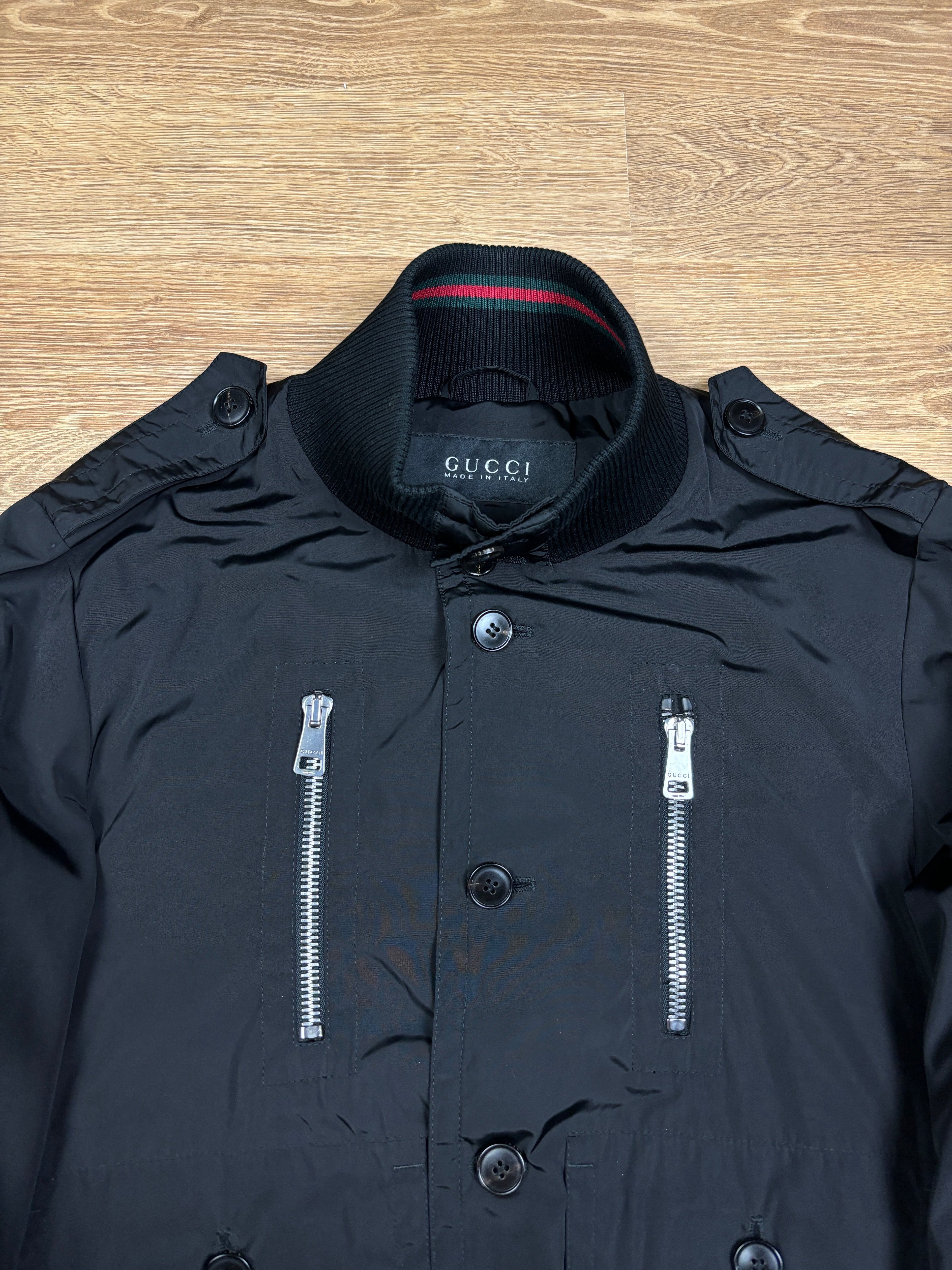 Gucci Black Nylon Jacket with Web Collar