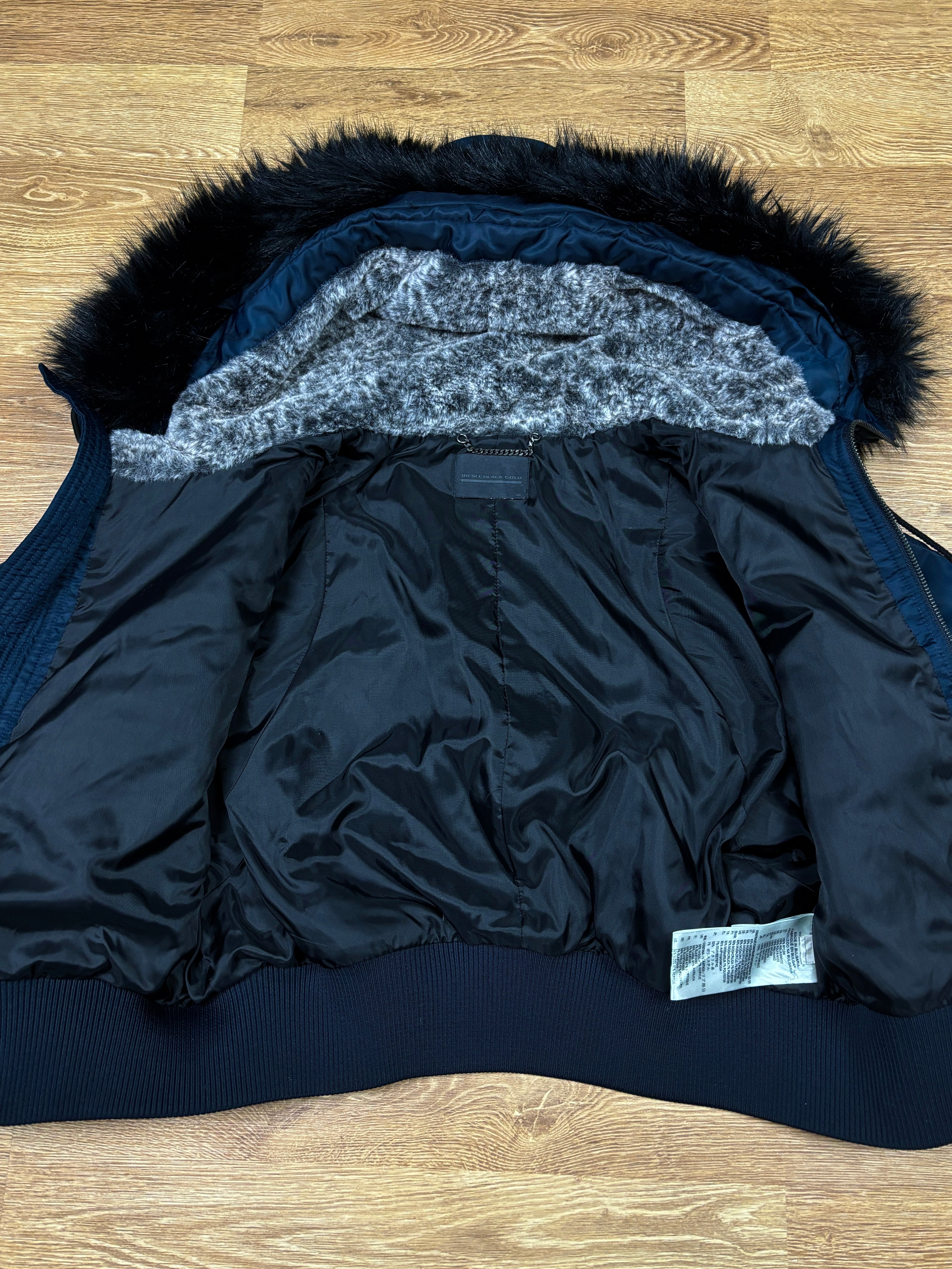 Diesel Black Gold Cropped Fur Hood Bomber Jacket