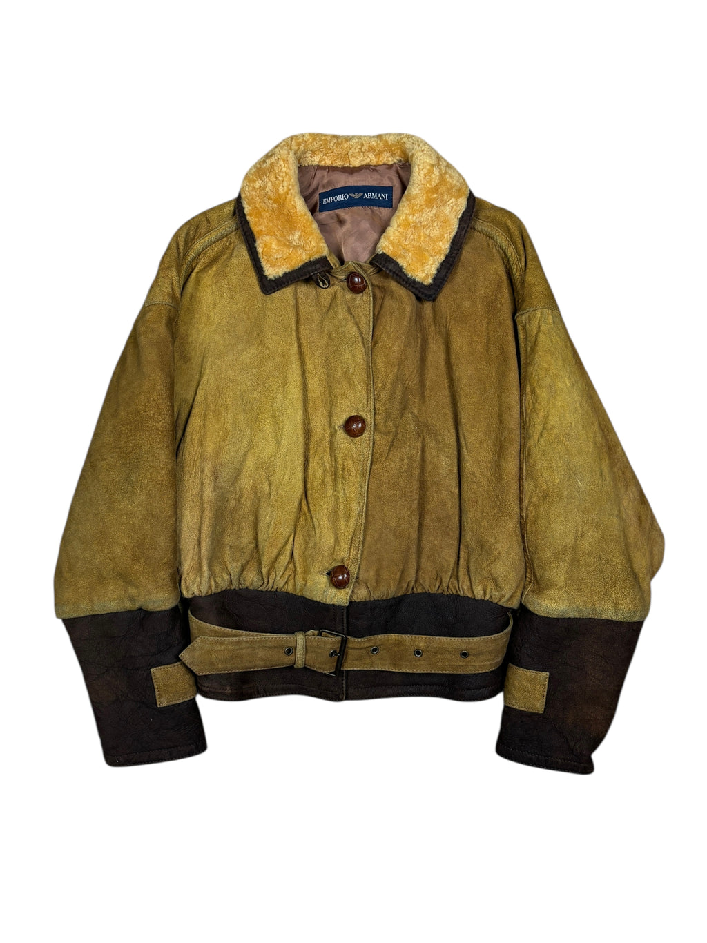 1990s Emporio Armani Shearling Collar Distressed Suede Aviator Jacket