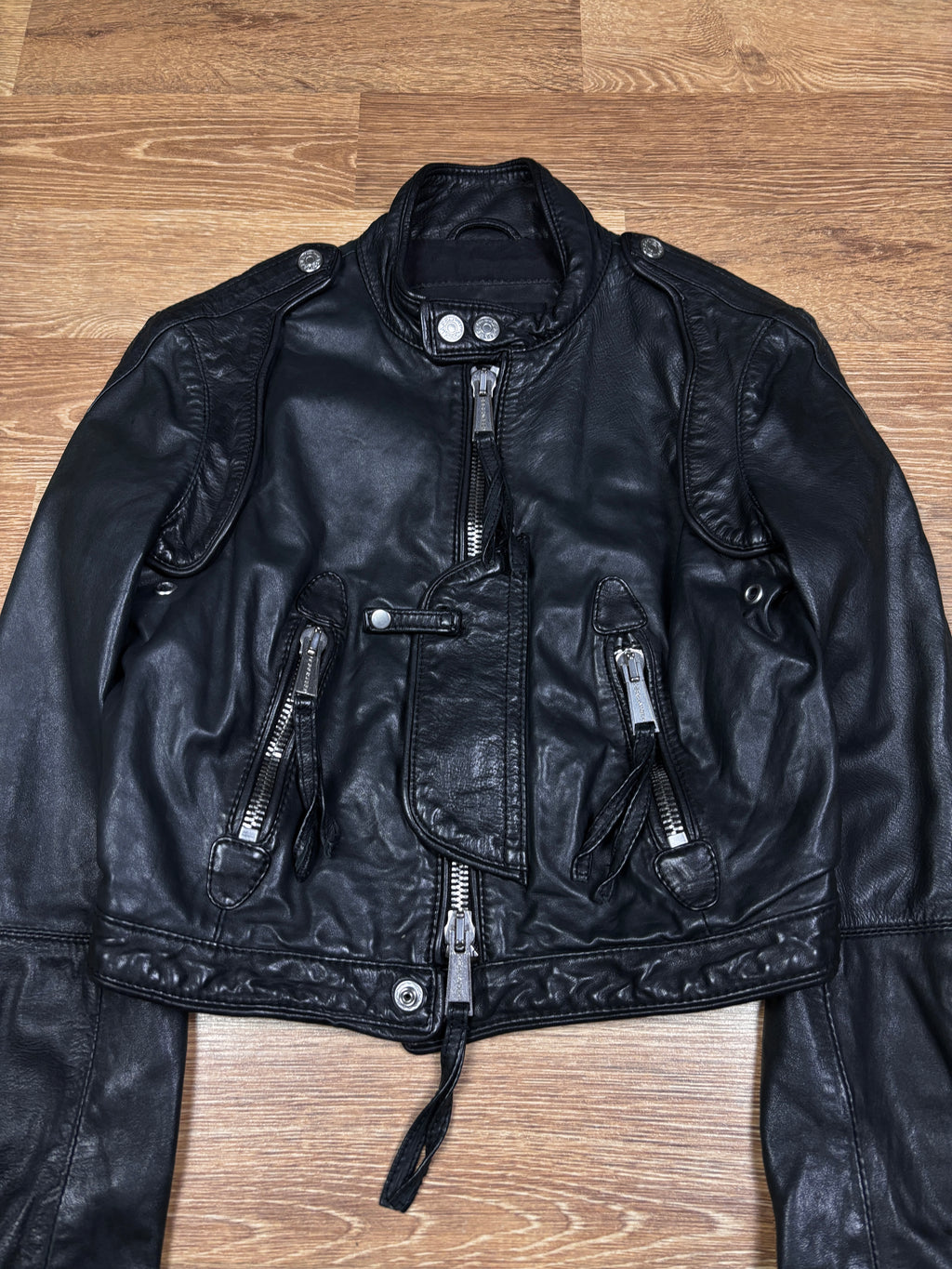2000s Dsquared2 Cropped Black Leather Biker Jacket