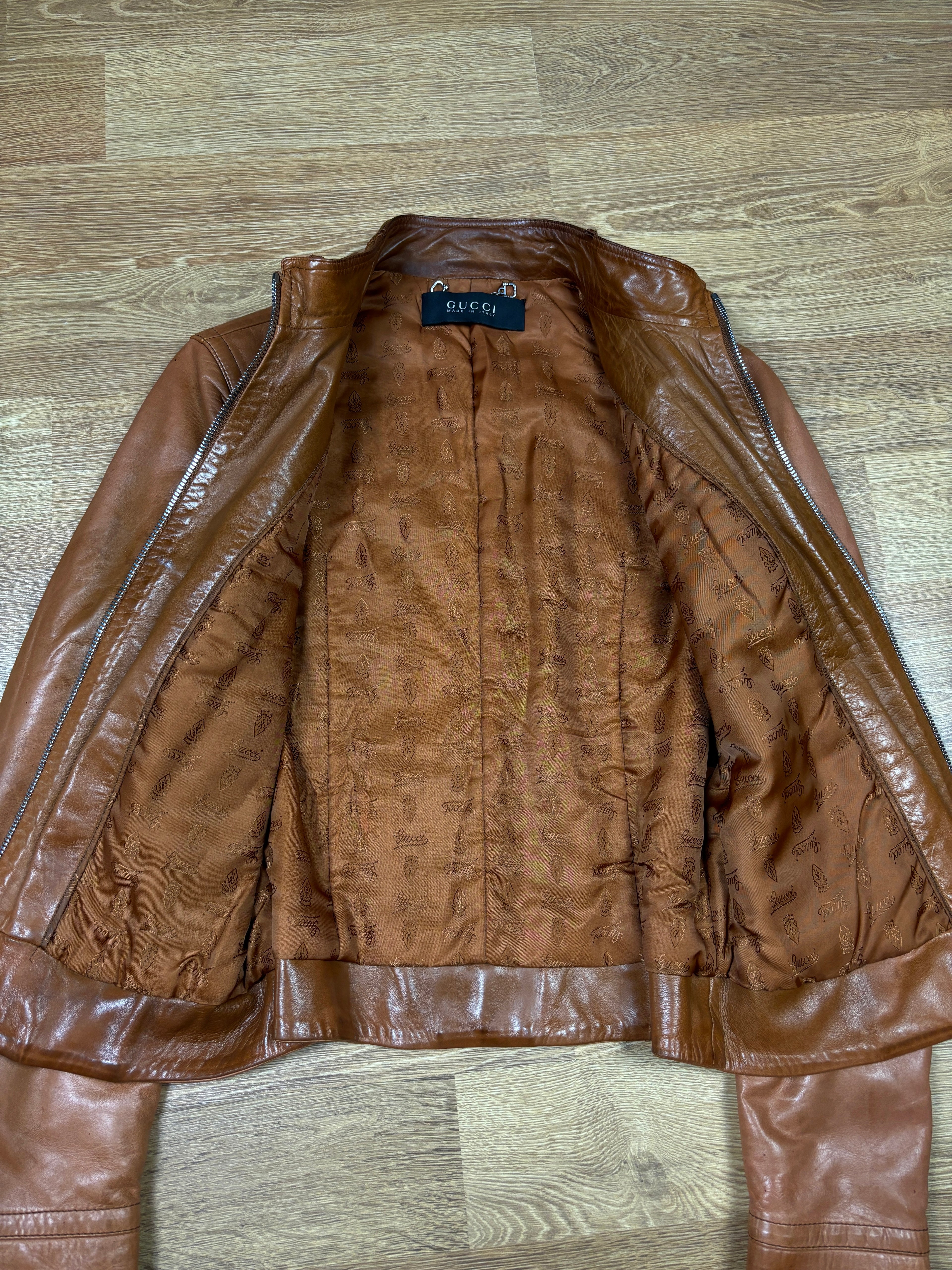 Gucci 2000s Leather Biker Jacket with GG Belt