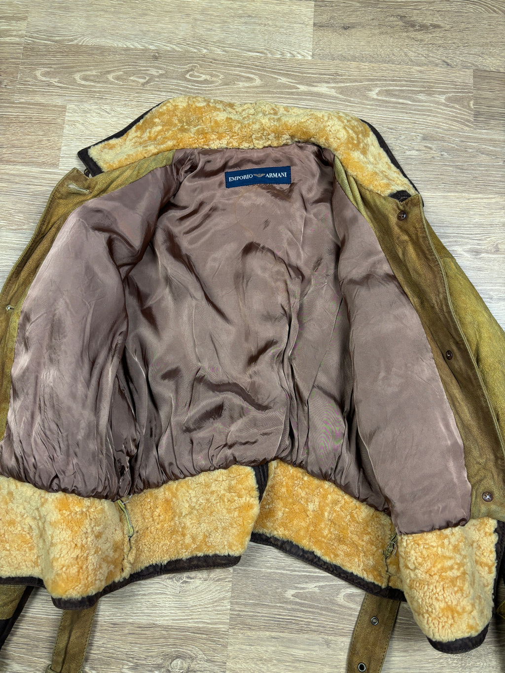 1990s Emporio Armani Shearling Collar Distressed Suede Aviator Jacket
