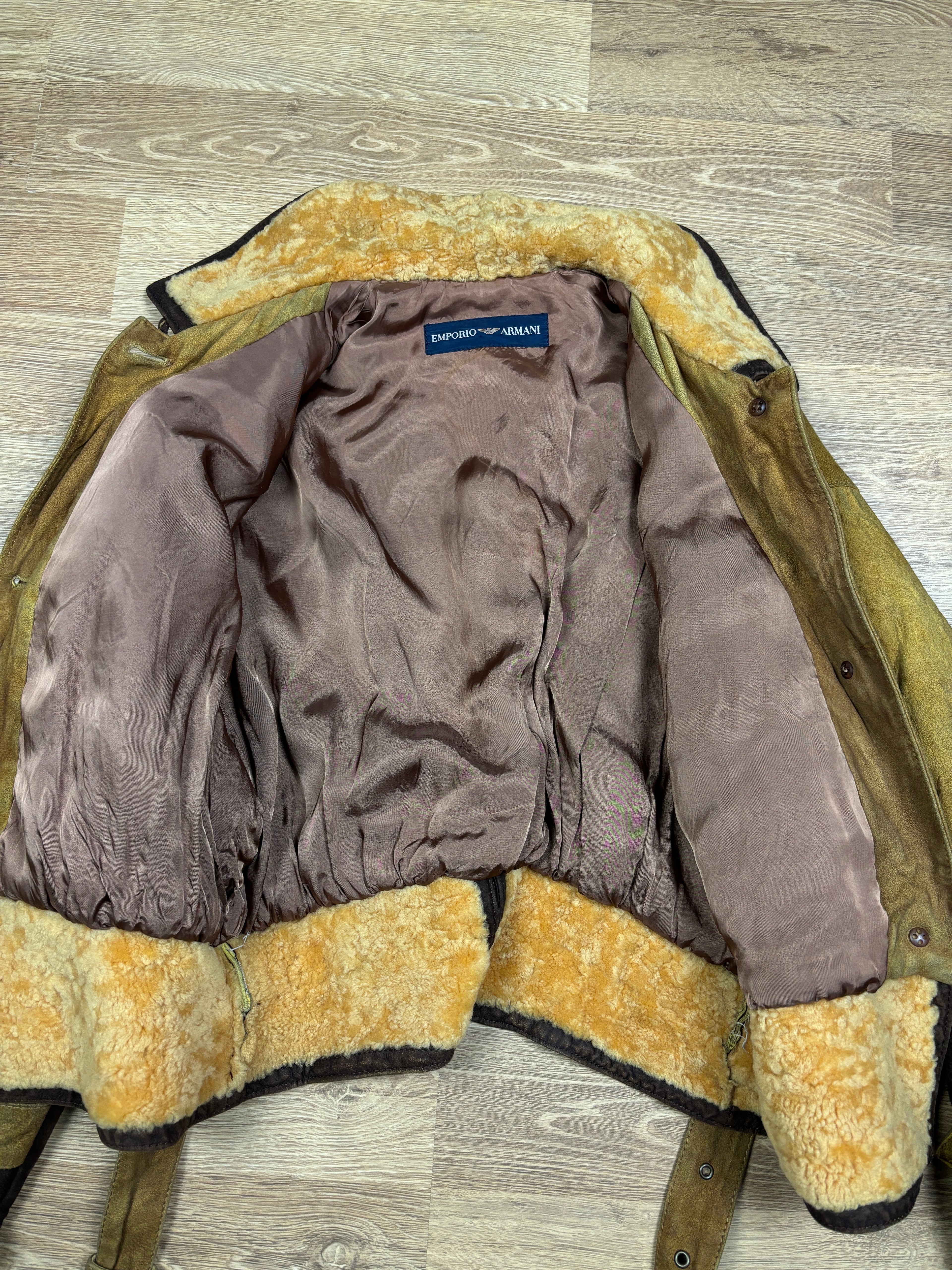 1990s Emporio Armani Shearling Collar Distressed Suede Aviator Jacket