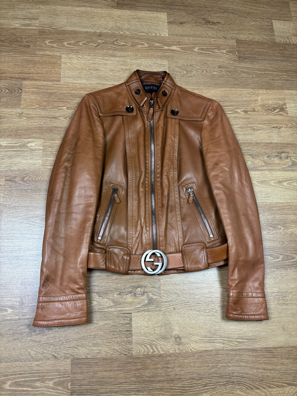 Gucci 2000s Leather Biker Jacket with GG Belt