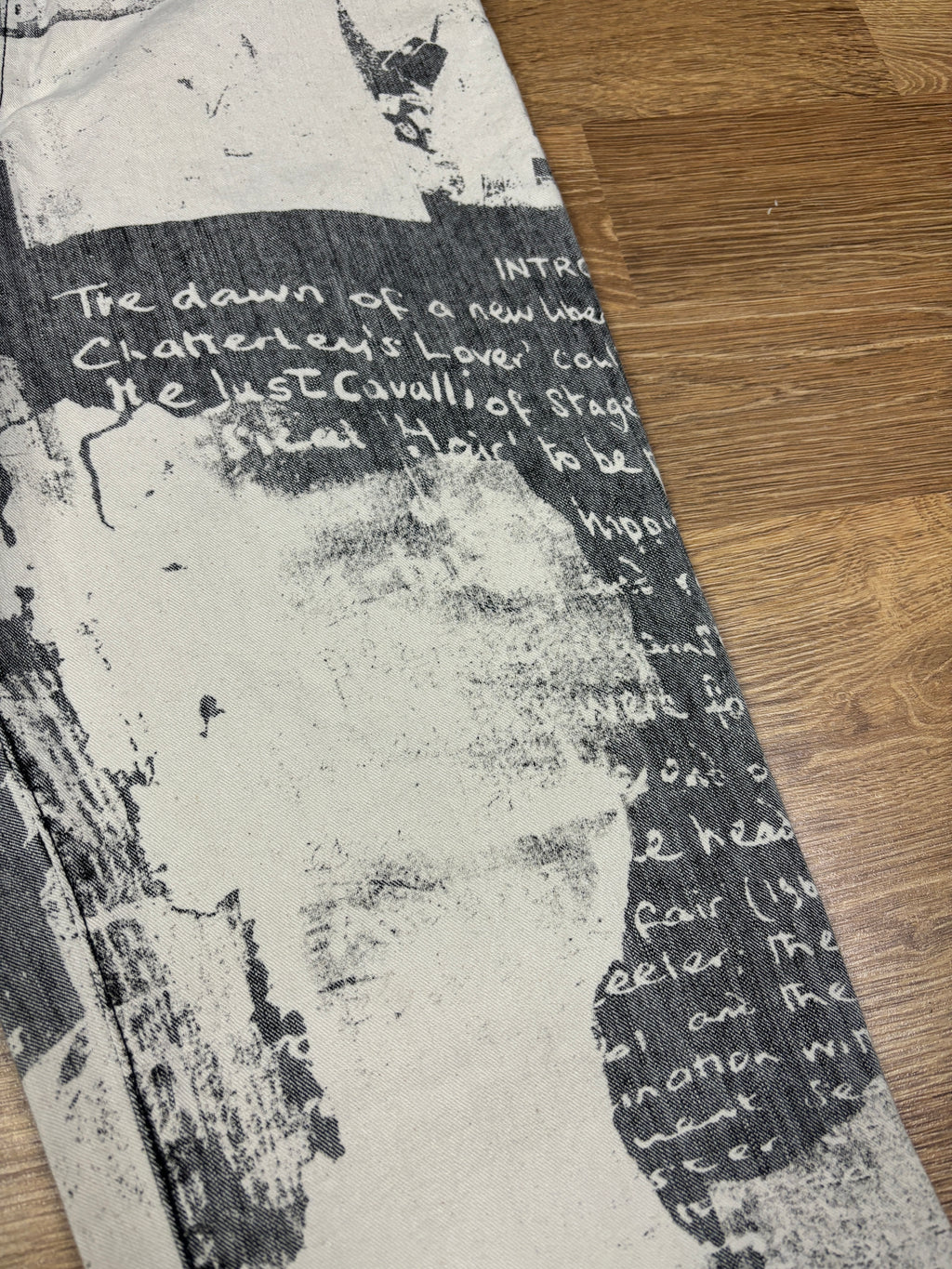 2000s Just Cavalli Newspaper Print Flared Denim Jeans