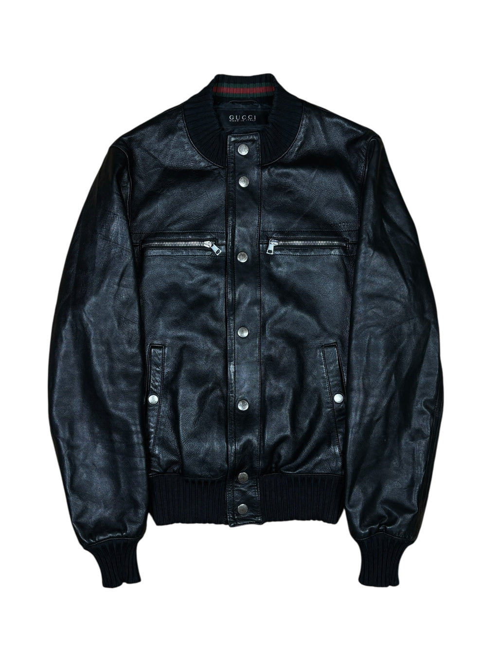 Chaqueta bomber de piel con franja web de Gucci de los 2000