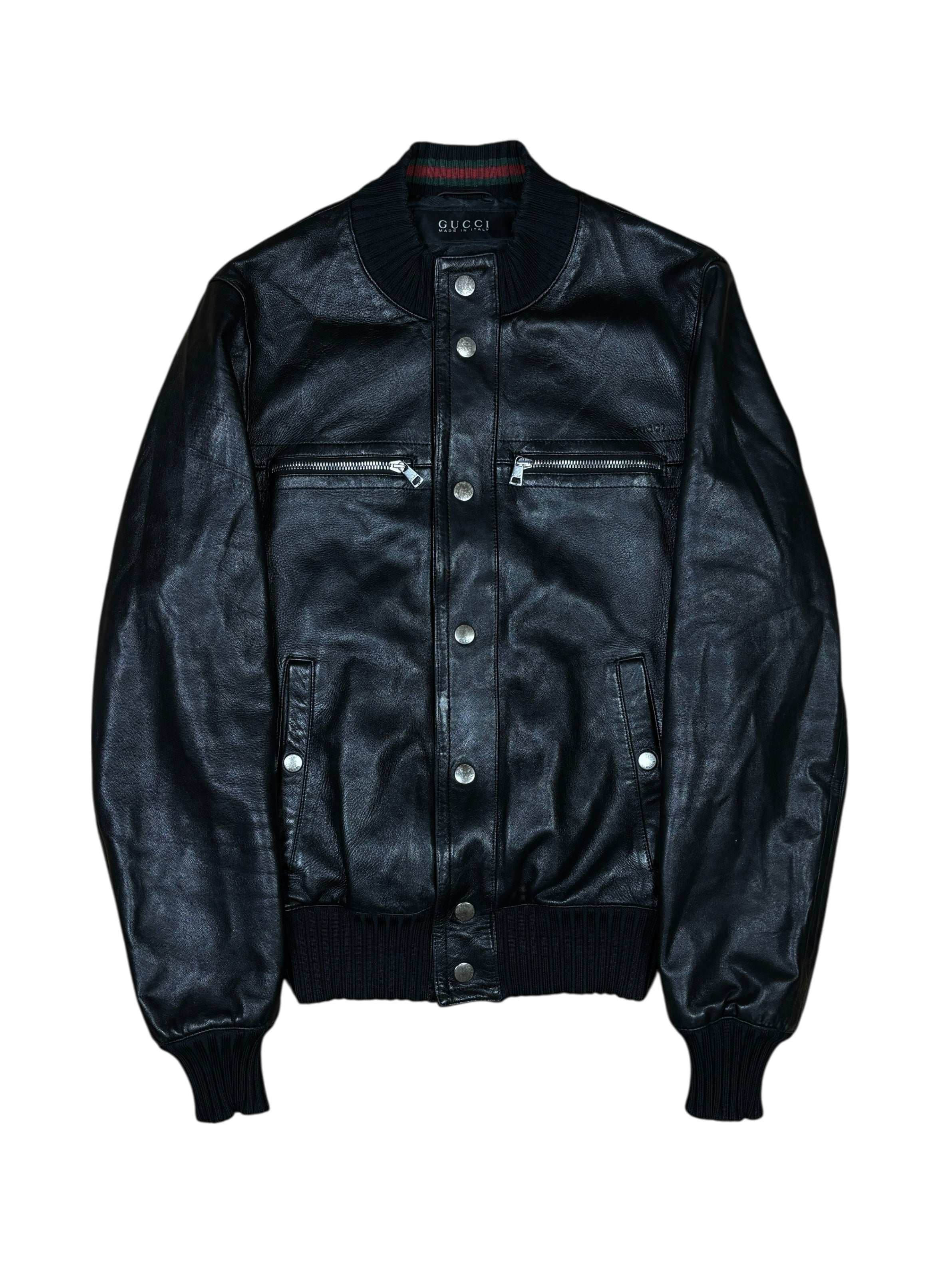 Chaqueta bomber de piel con franja web de Gucci de los 2000