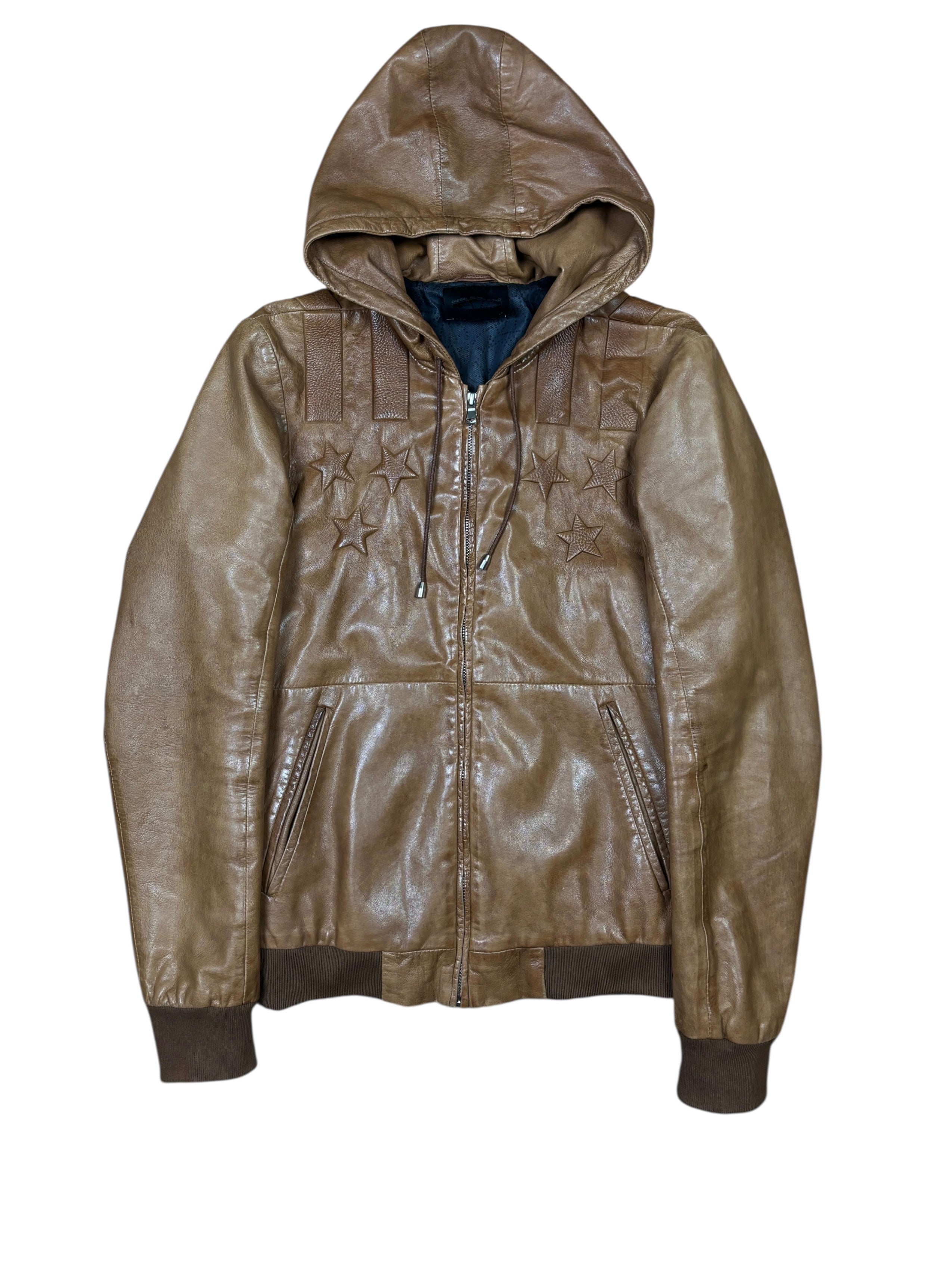 Chaqueta de cuero con capucha Diesel Black Gold y parches de estrellas marrones