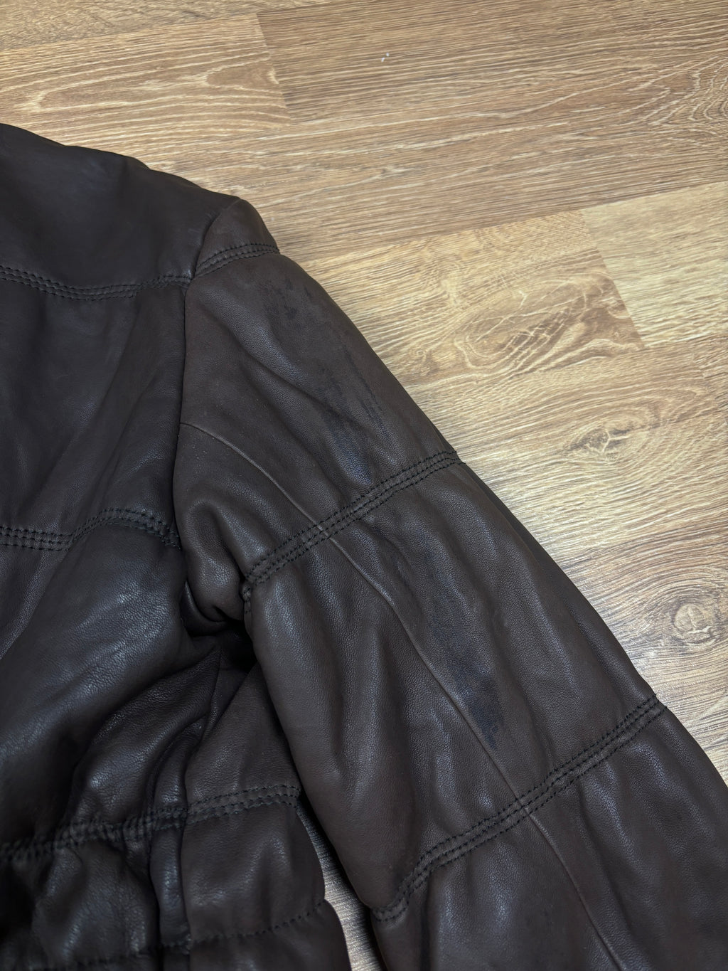 Diesel Brown Leather Puffer Jacket with Ribbed Knit Waist
