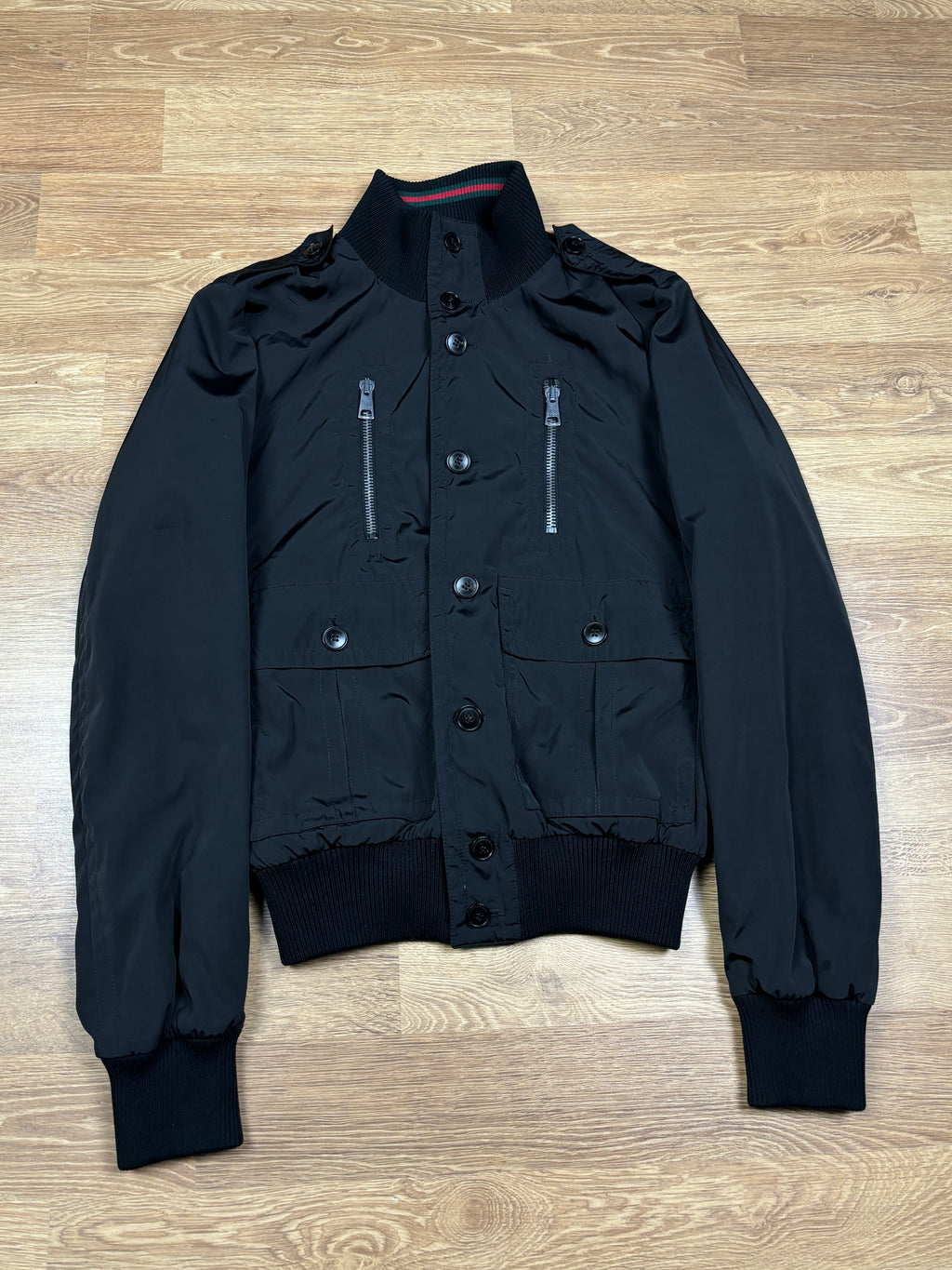 Gucci Black Nylon Jacket with Web Collar