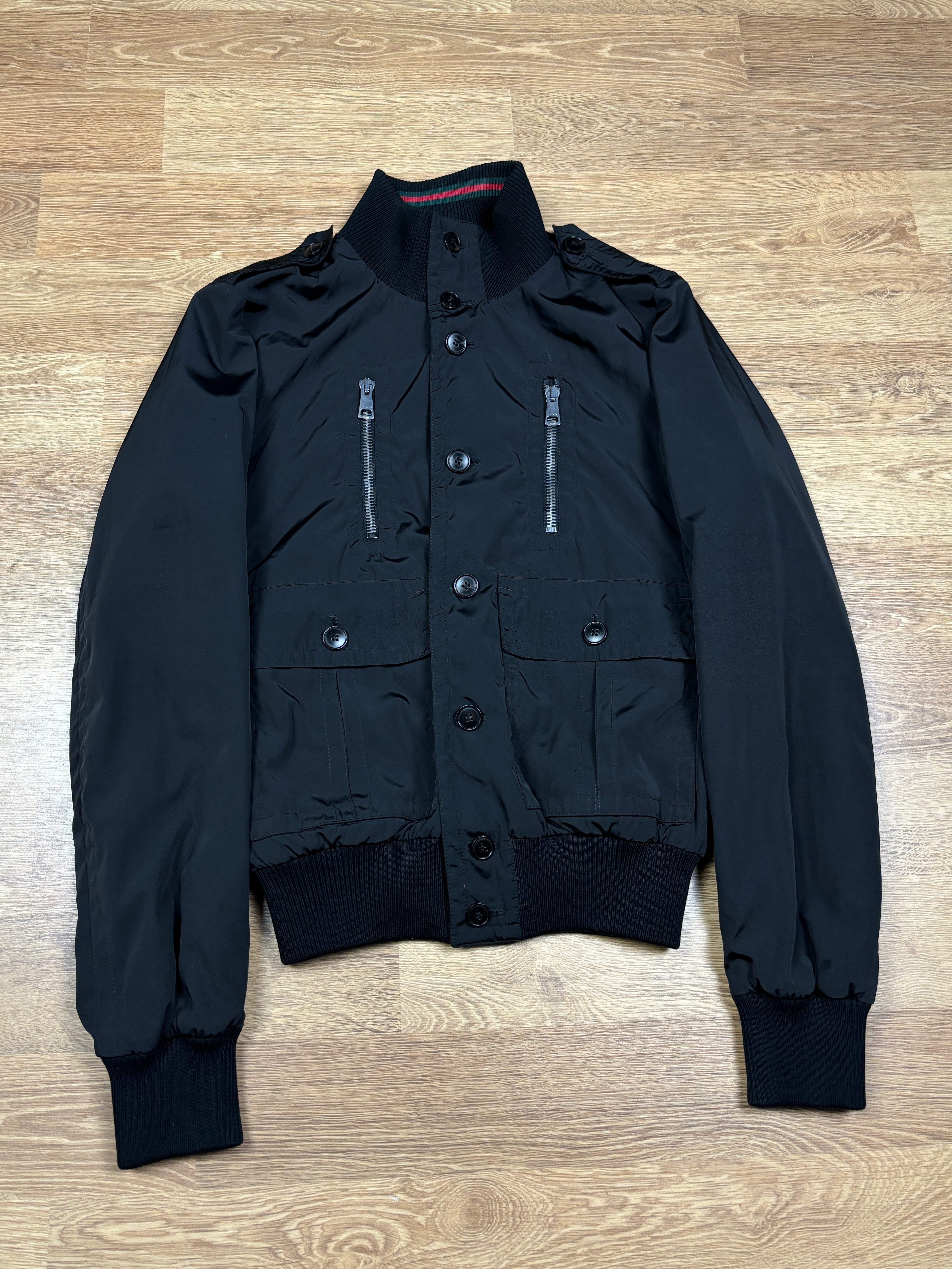 Gucci Black Nylon Jacket with Web Collar