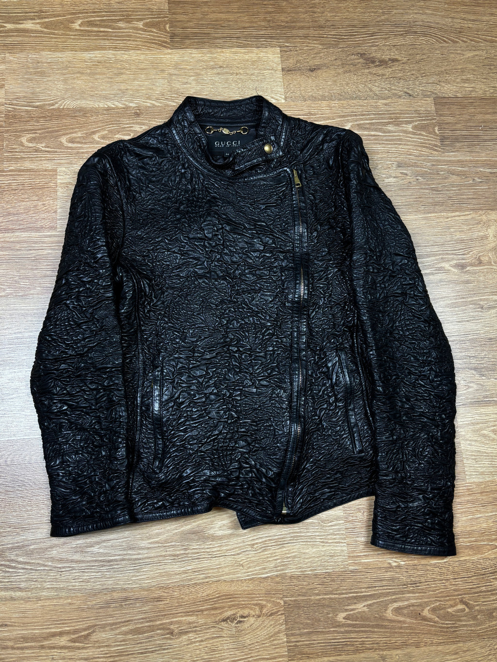 Gucci by Frida Giannini Asymmetrical Wrinkled Stretch Leather Jacket
