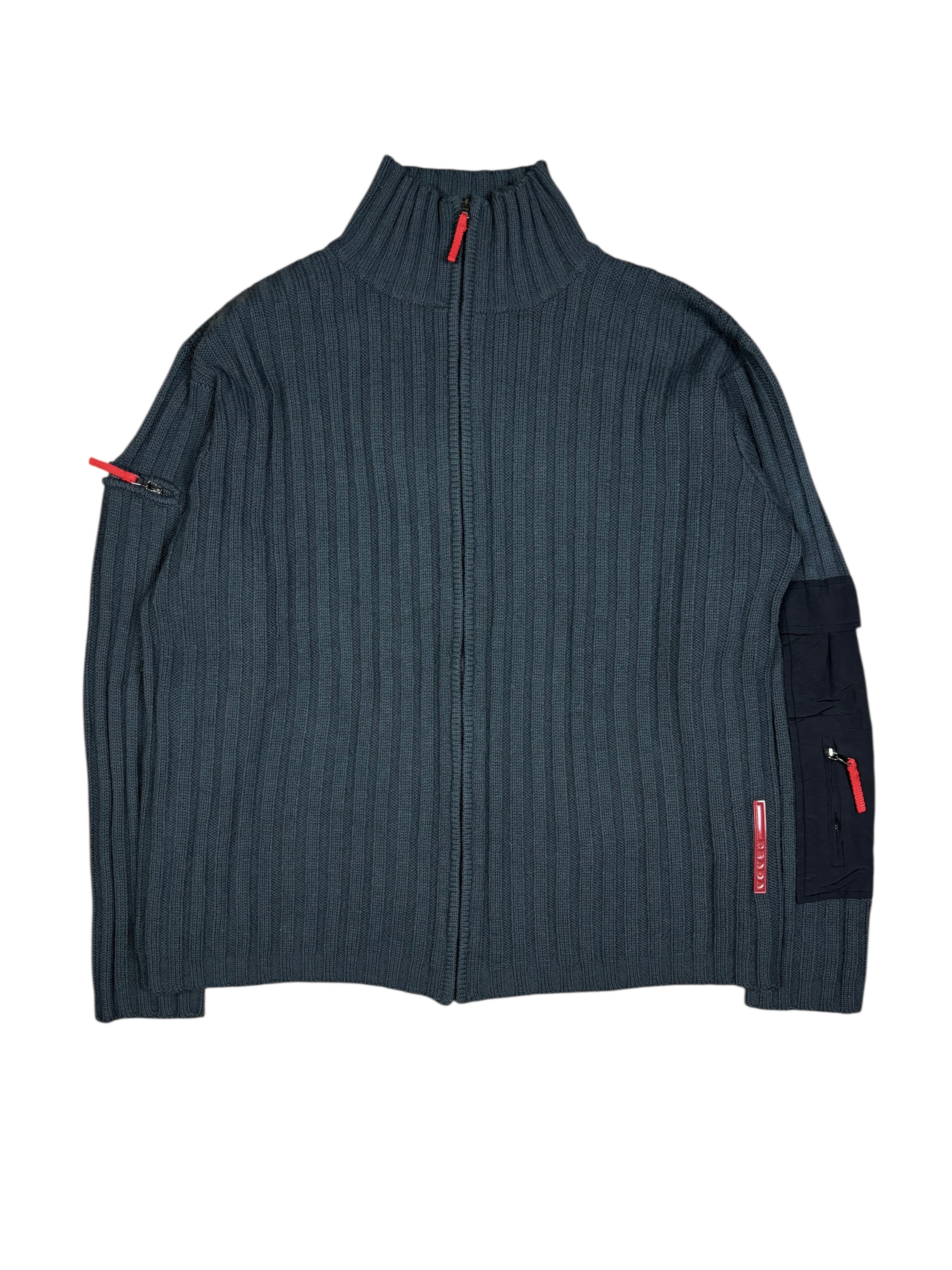 2000s Prada Linea Rossa Ribbed Utility Knitted Zip-Up