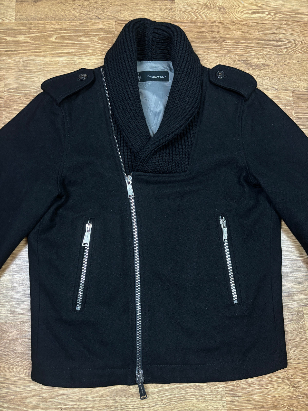 AW2013 Dsquared2 Black Wool Asymmetric Zip Jacket