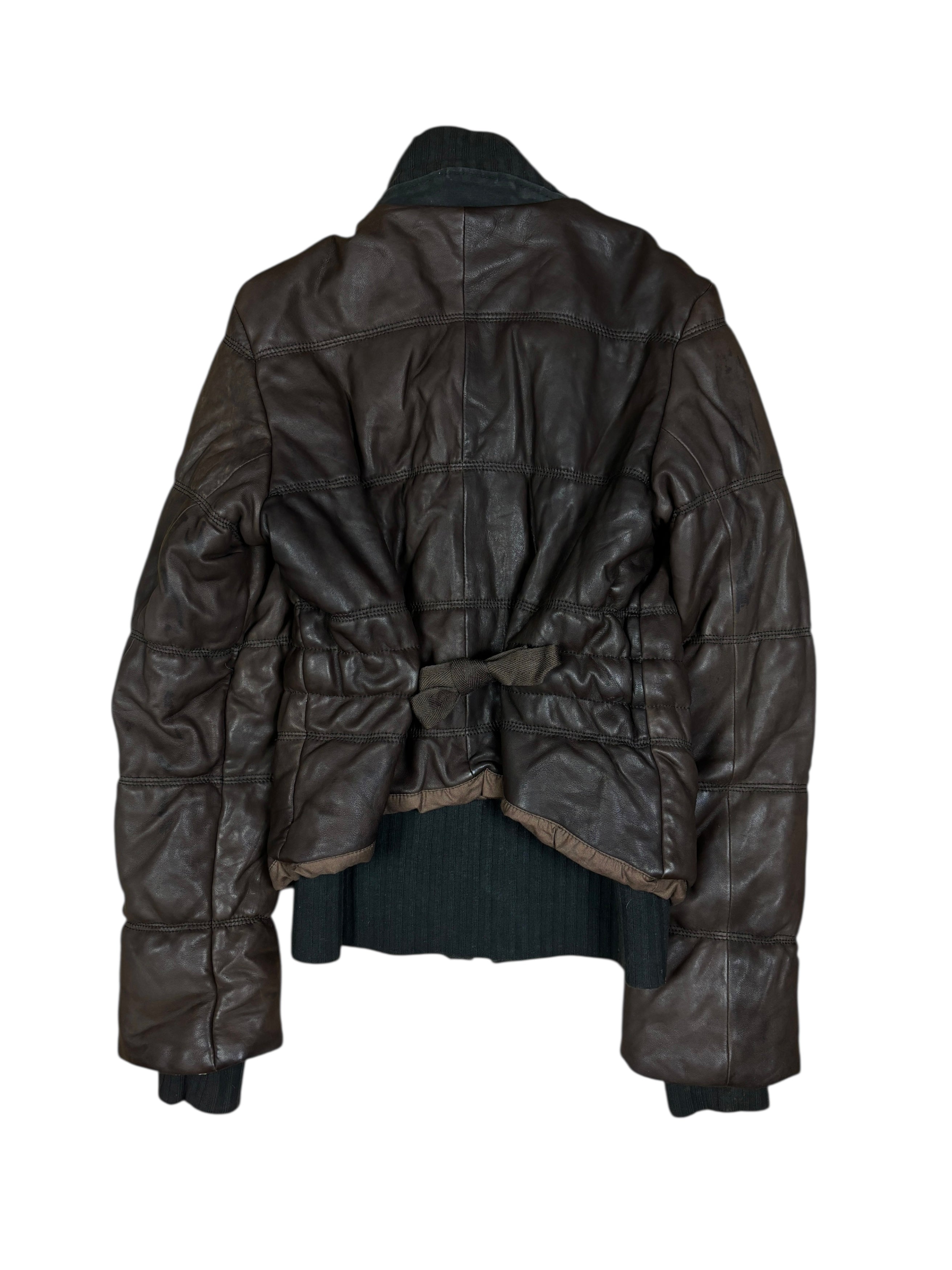 Diesel Brown Leather Puffer Jacket with Ribbed Knit Waist