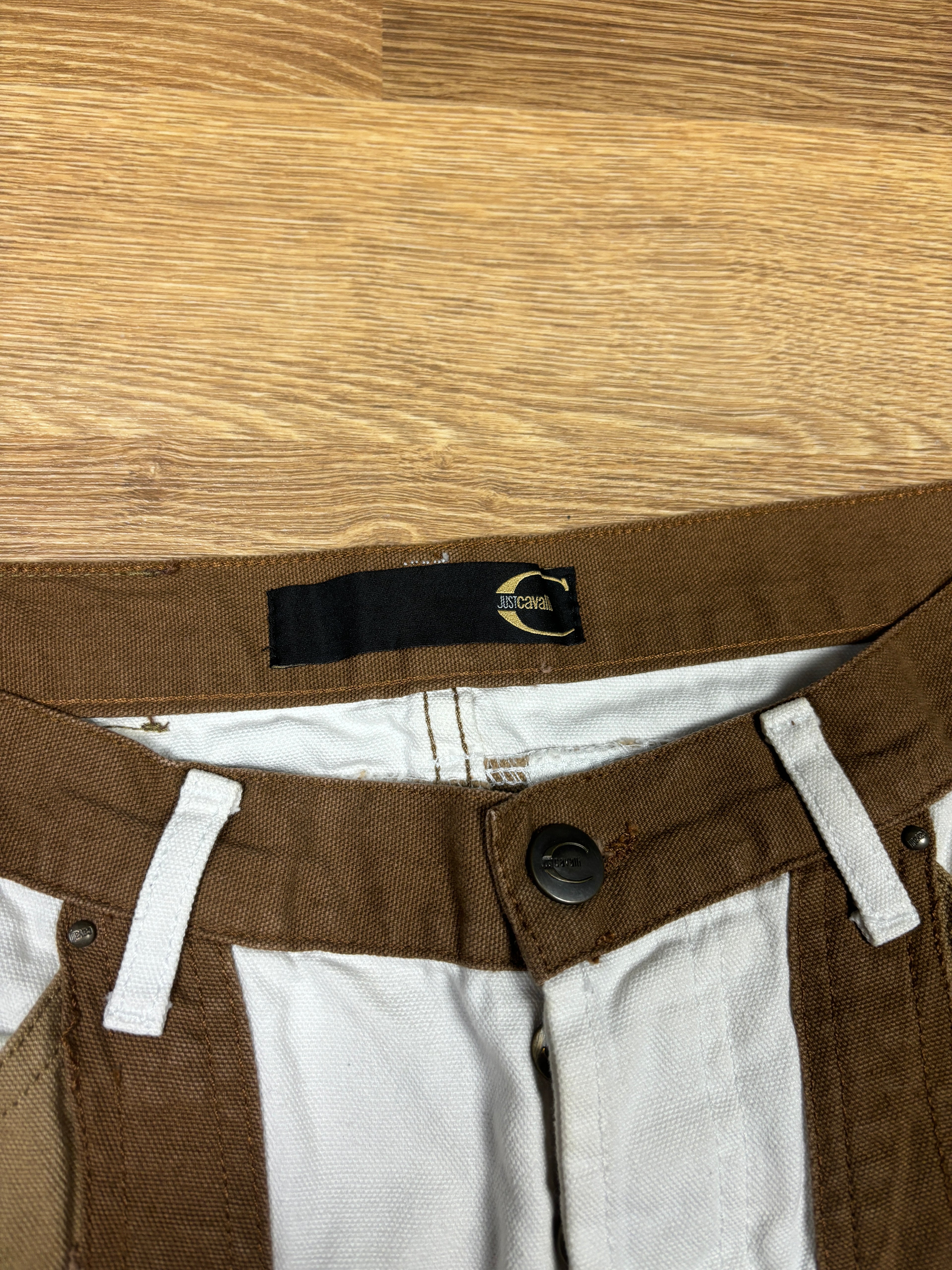 Pantalones acampanados con paneles blancos y marrones Just Cavalli de los 2000