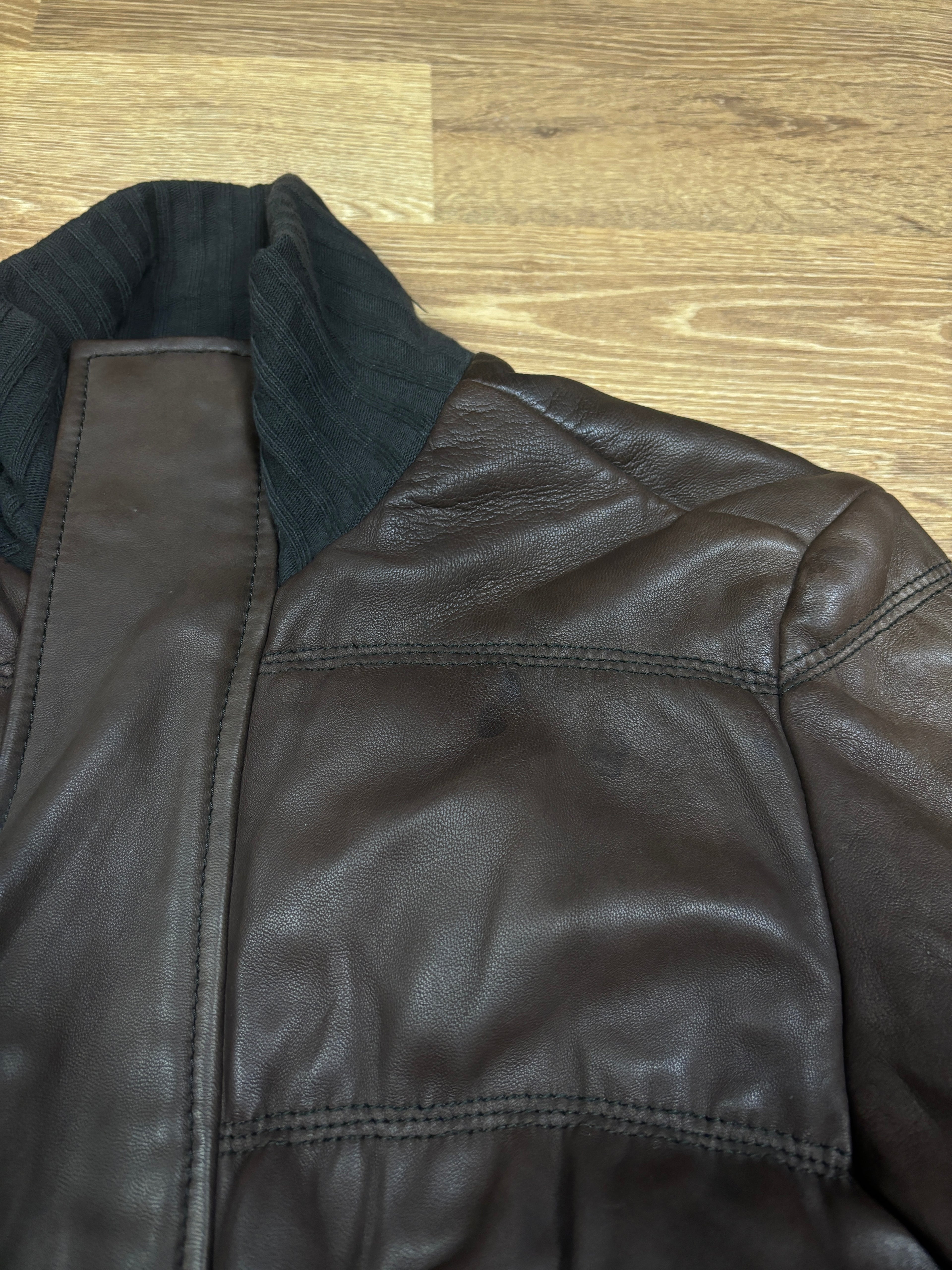 Diesel Brown Leather Puffer Jacket with Ribbed Knit Waist