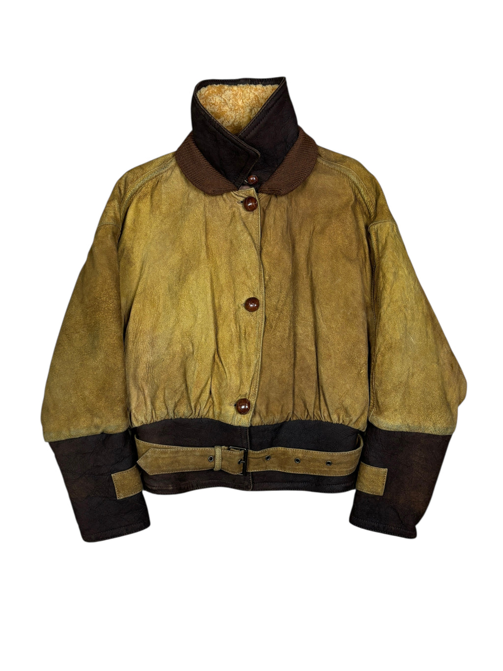1990s Emporio Armani Shearling Collar Distressed Suede Aviator Jacket