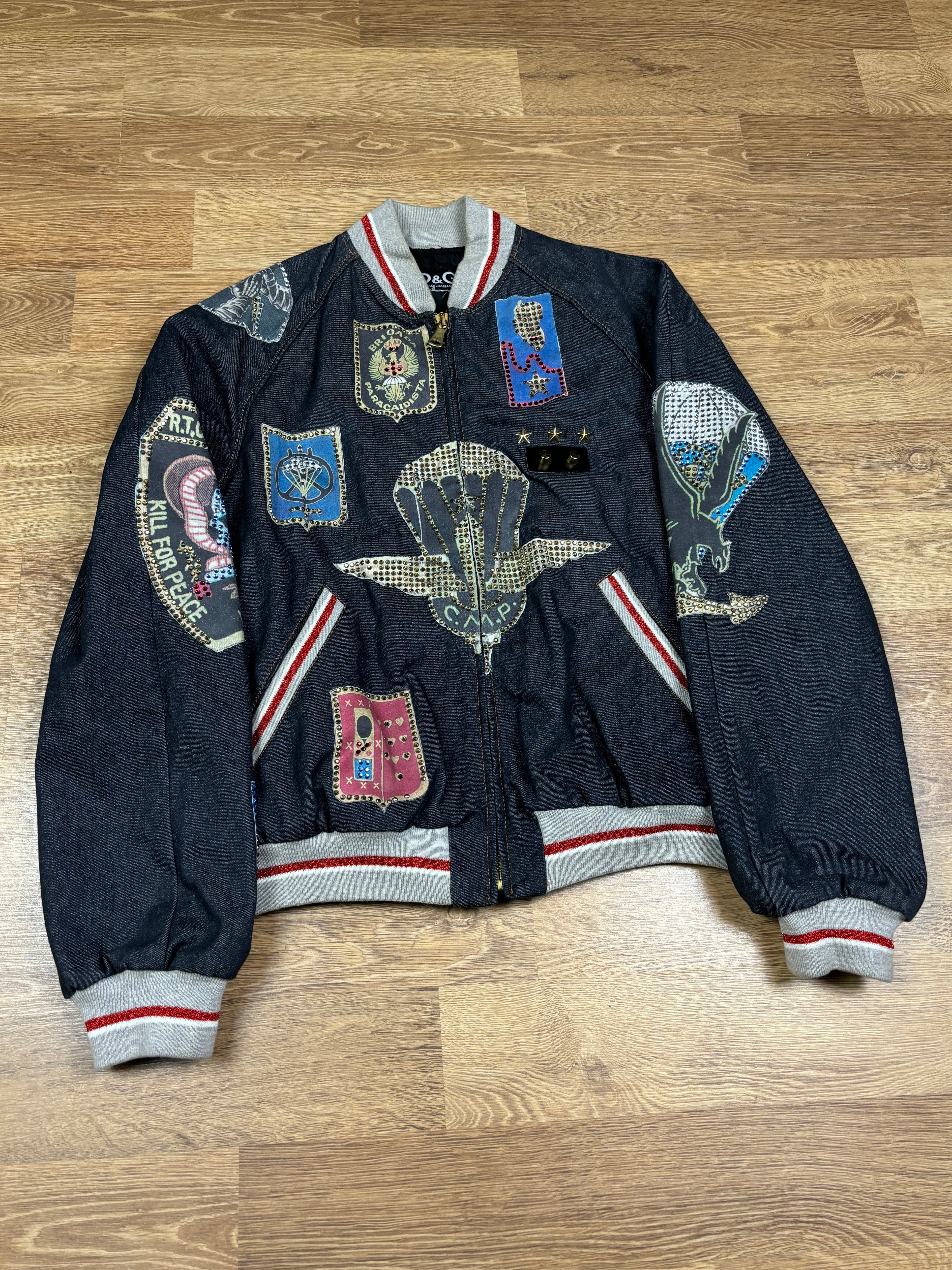 FW2003 Dolce & Gabbana Rhinestone Patchwork Denim Bomber Jacket