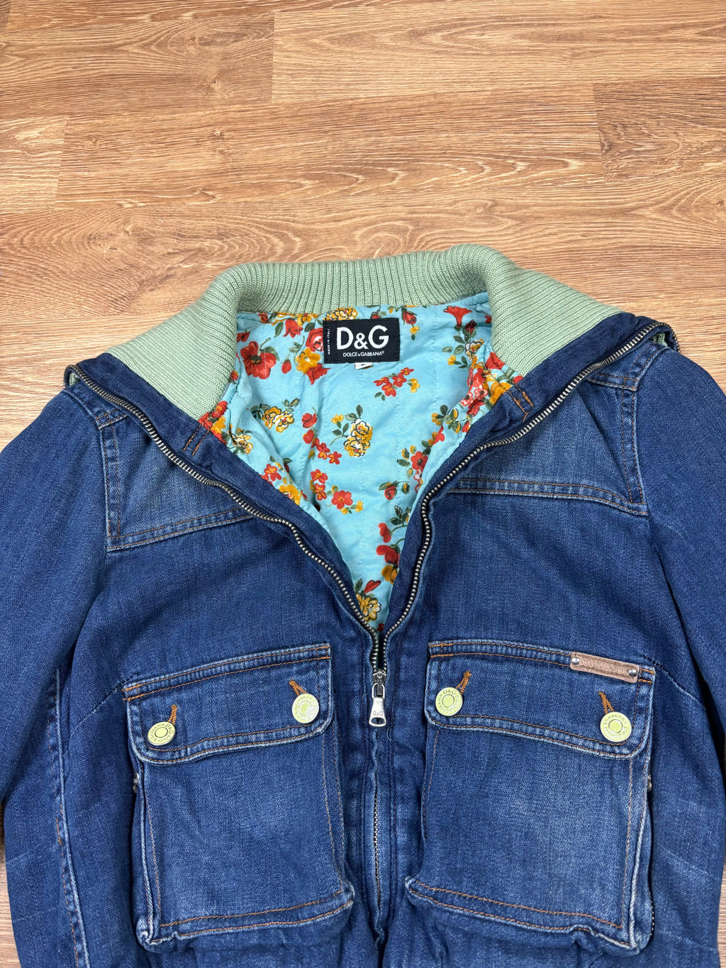 Dolce & Gabbana 2000s Denim Jacket with Ribbed Collar and Floral Lining