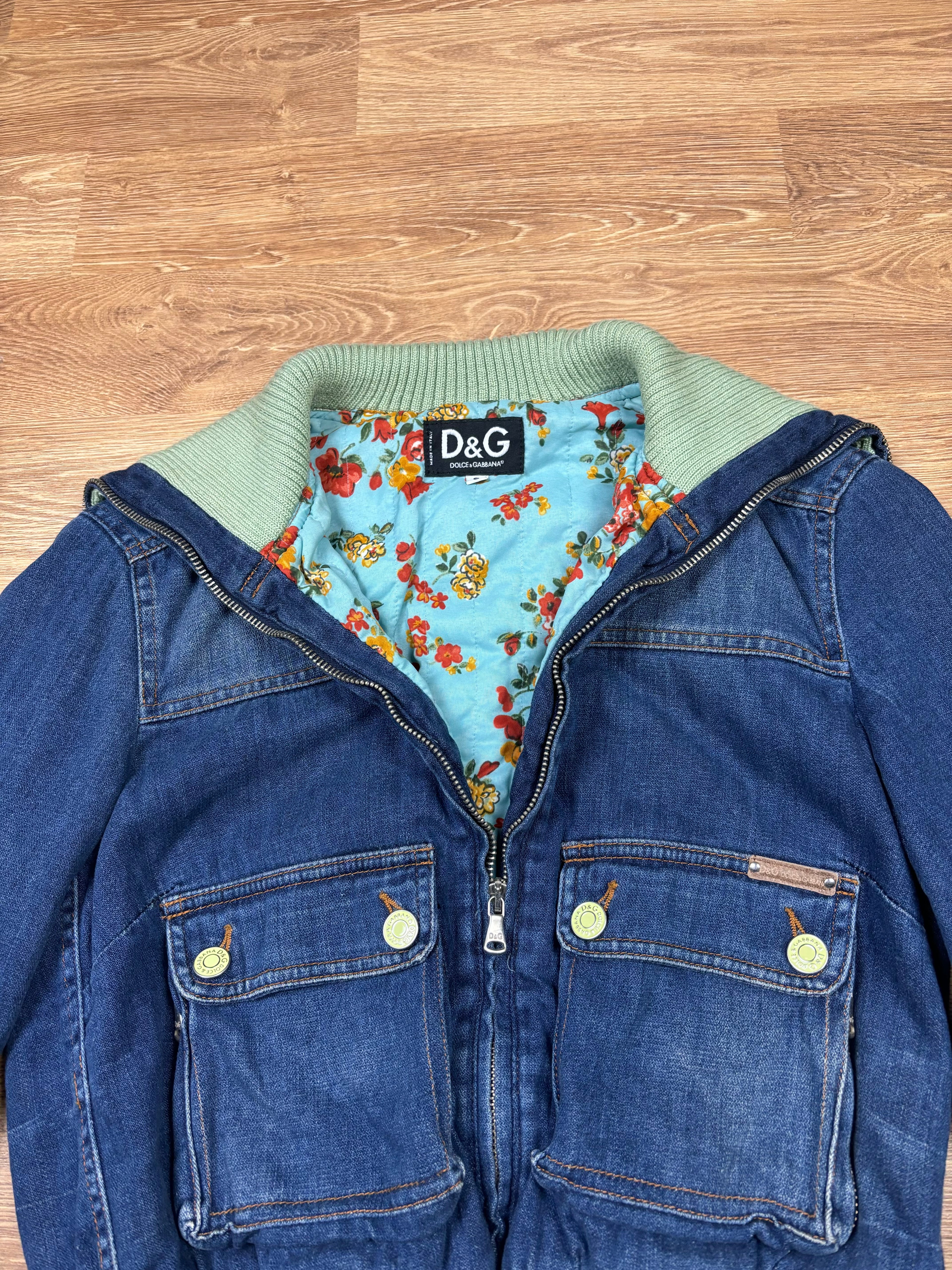 Dolce & Gabbana 2000s Denim Jacket with Ribbed Collar and Floral Lining