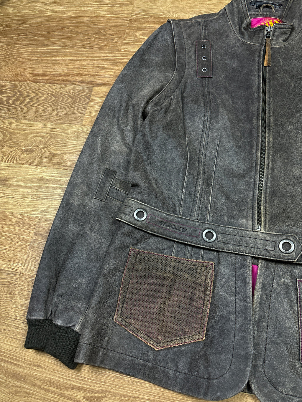 2000s Oakley Detachable Distressed Industrial Leather Jacket