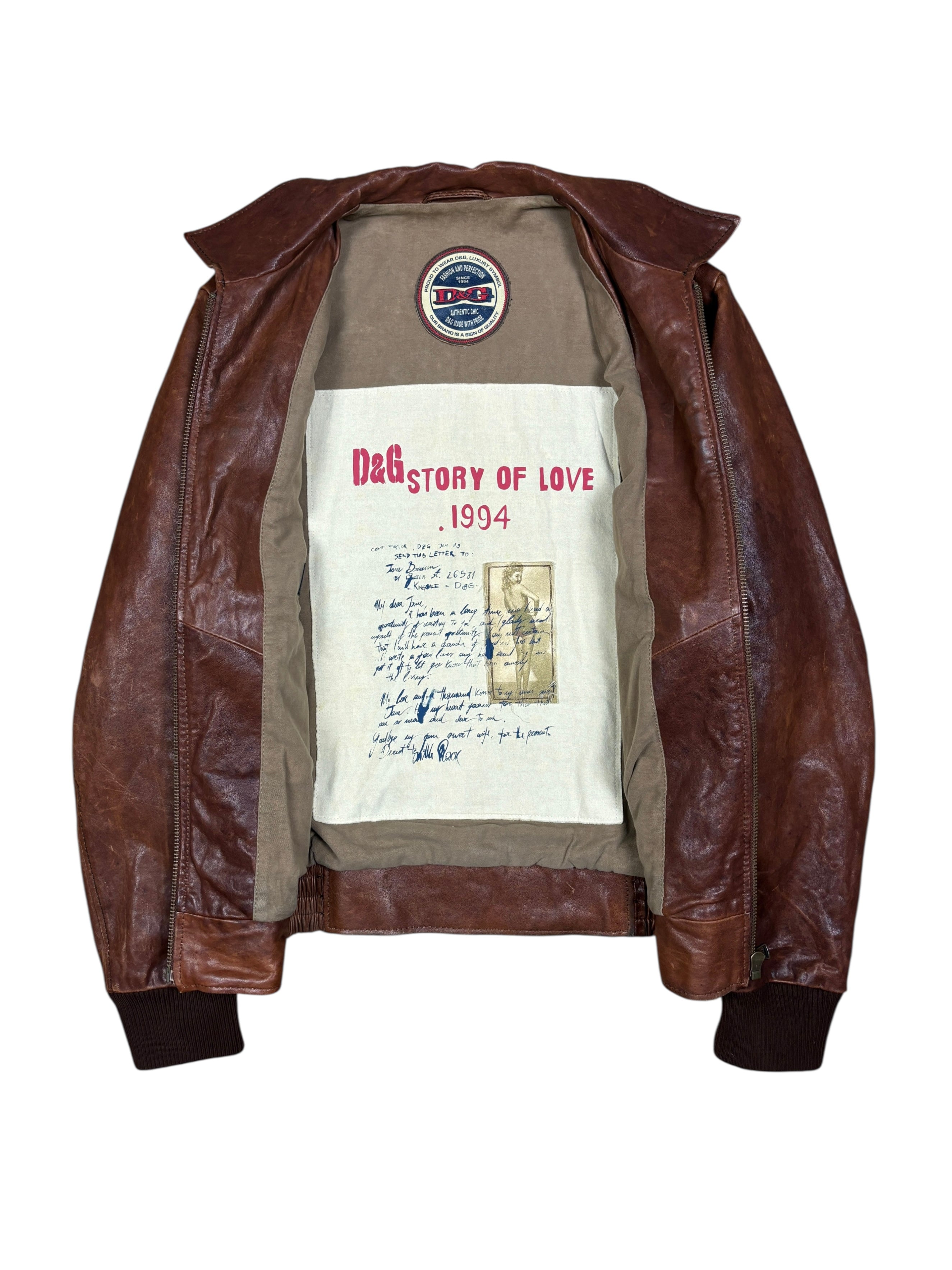 Chaqueta Bomber Dolce & Gabbana de cuero marrón "Story Of Love 1994" de los 2000