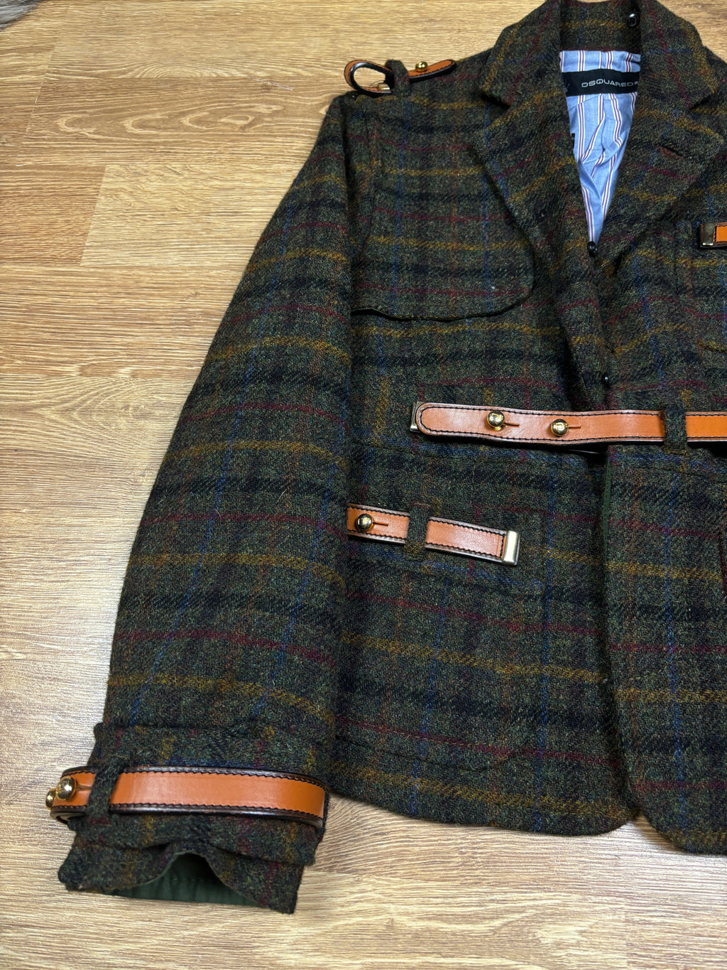 2000s Dsquared2 Plaid Wool Leather Strap Jacket