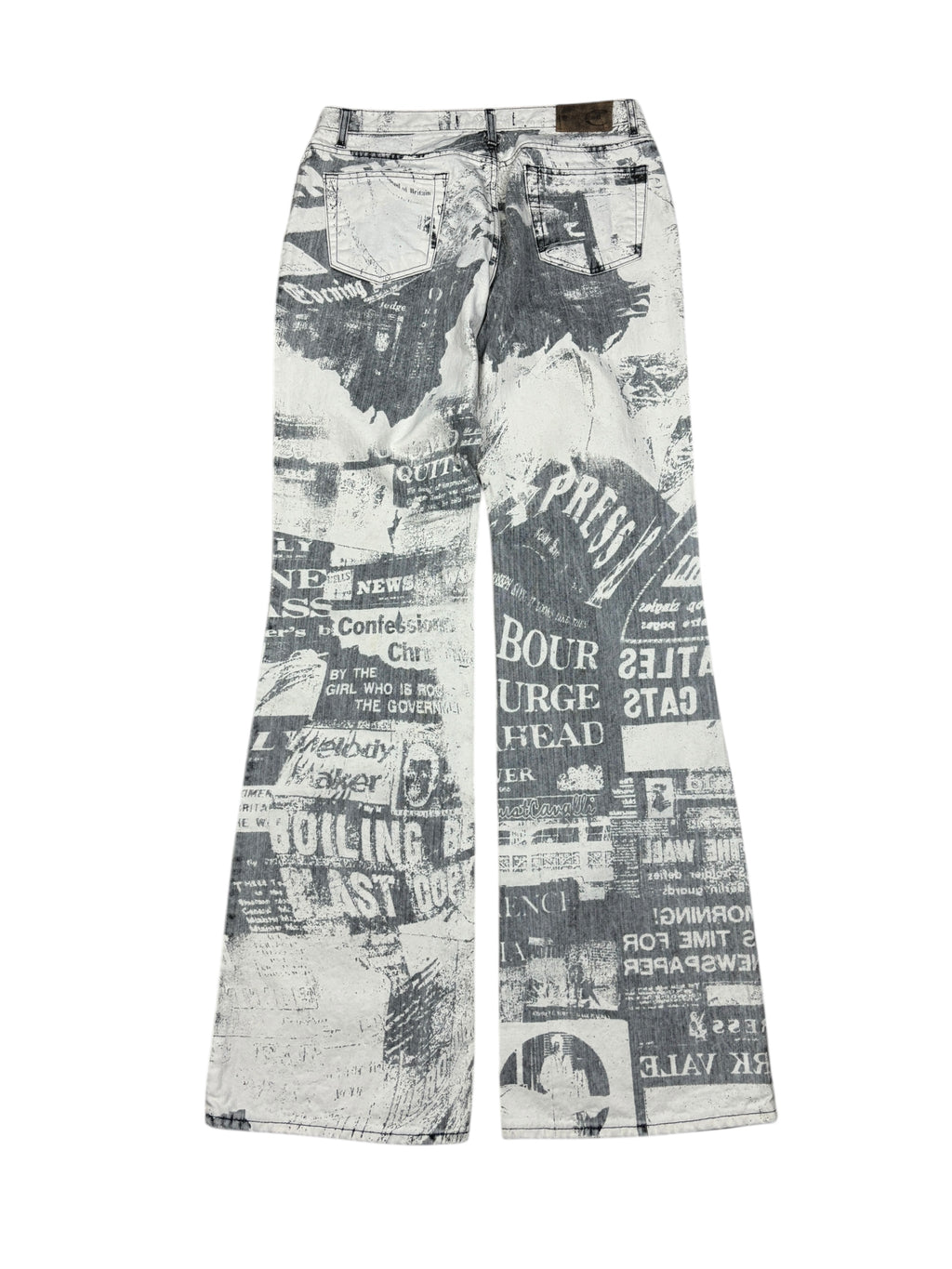 2000s Just Cavalli Newspaper Print Flared Denim Jeans