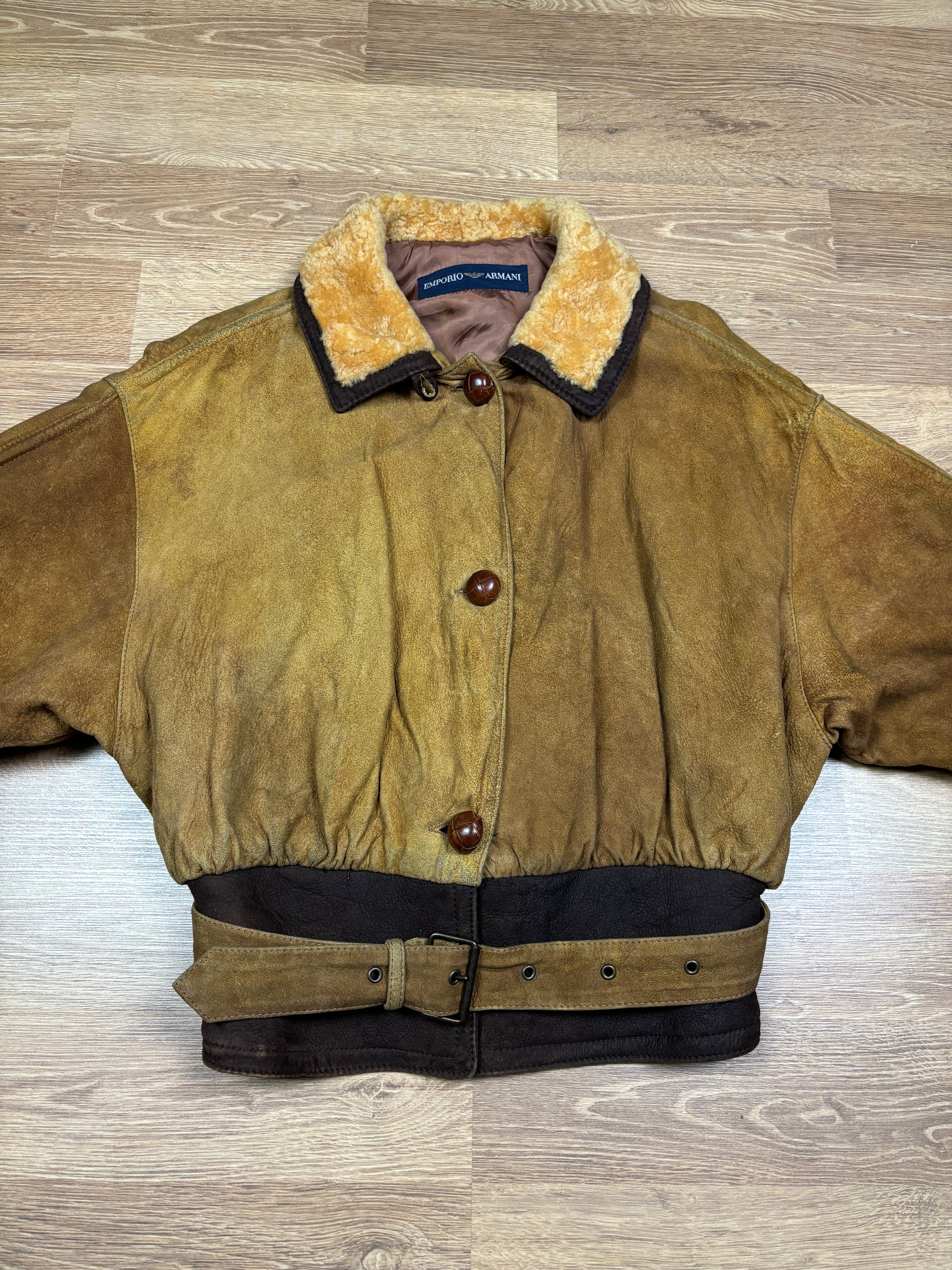 1990s Emporio Armani Shearling Collar Distressed Suede Aviator Jacket