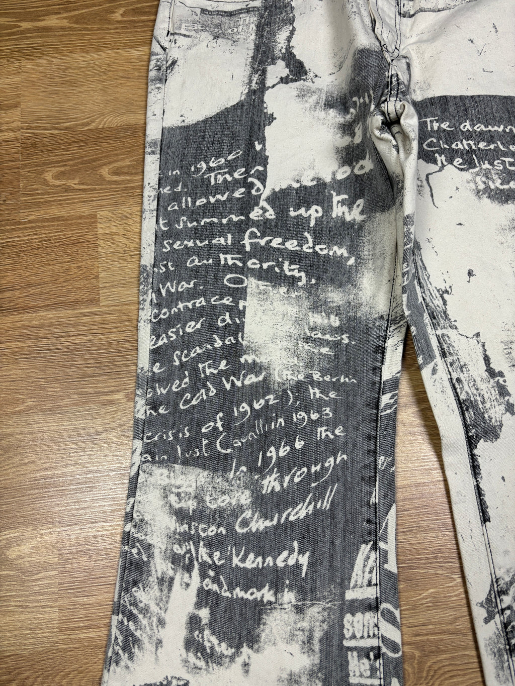 2000s Just Cavalli Newspaper Print Flared Denim Jeans