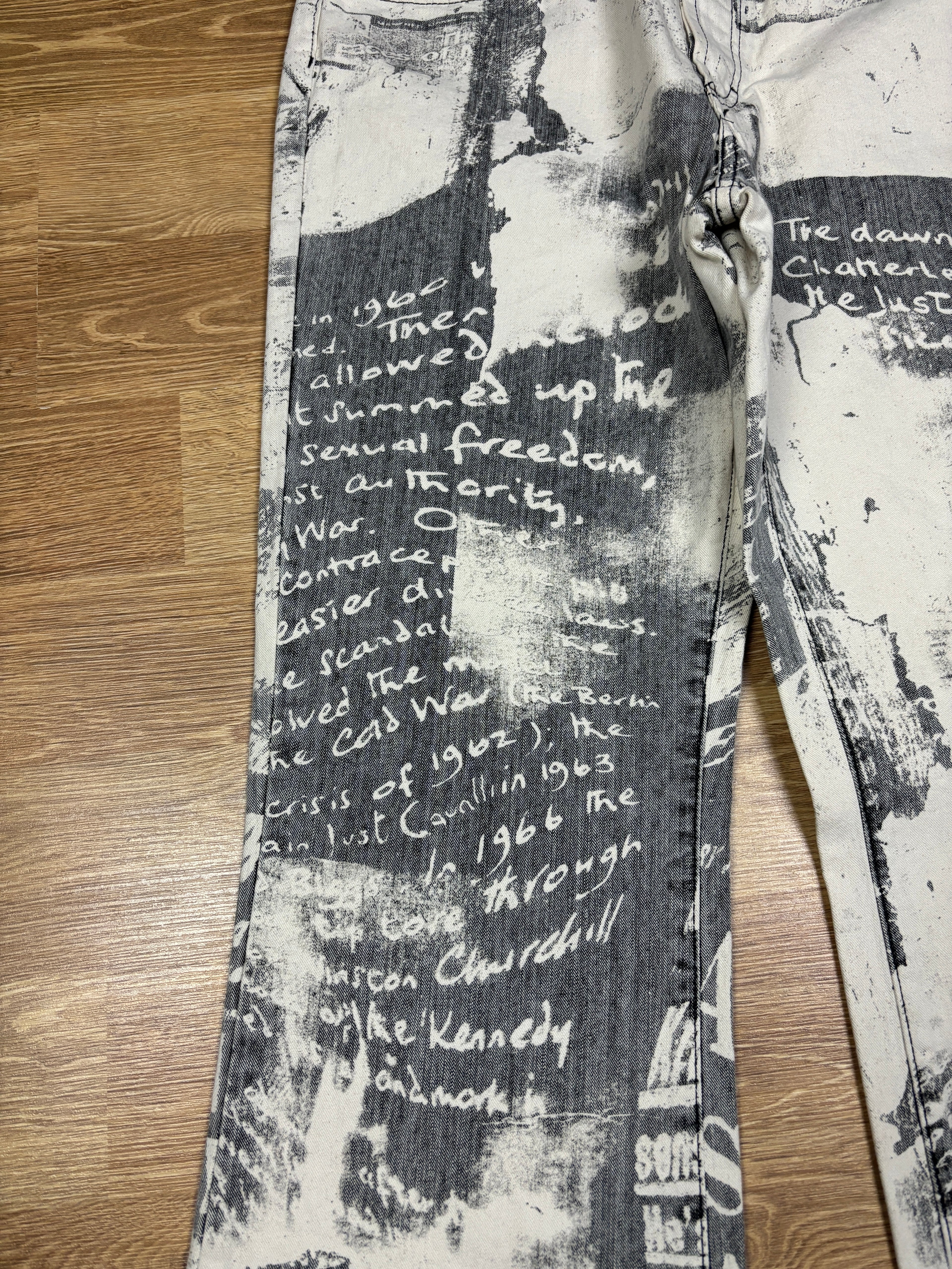 2000s Just Cavalli Newspaper Print Flared Denim Jeans
