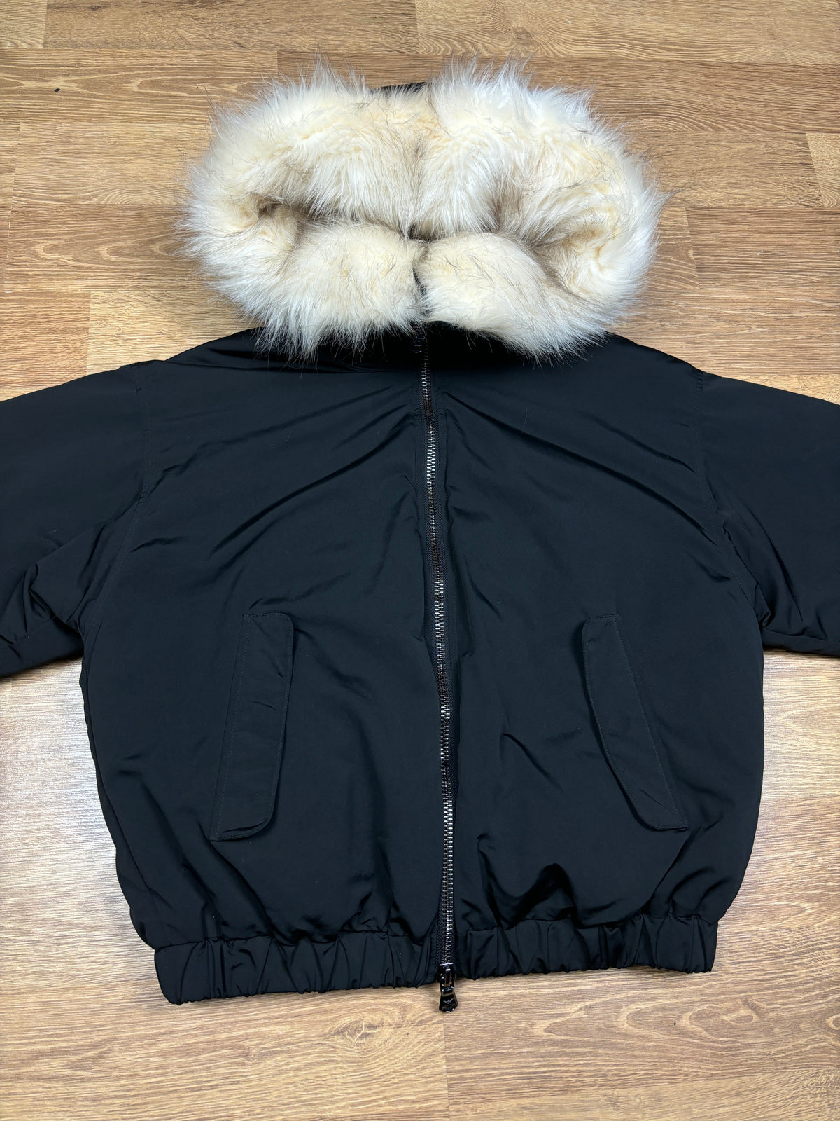 2000s Emporio Armani Black Fur Hooded Bomber Jacket