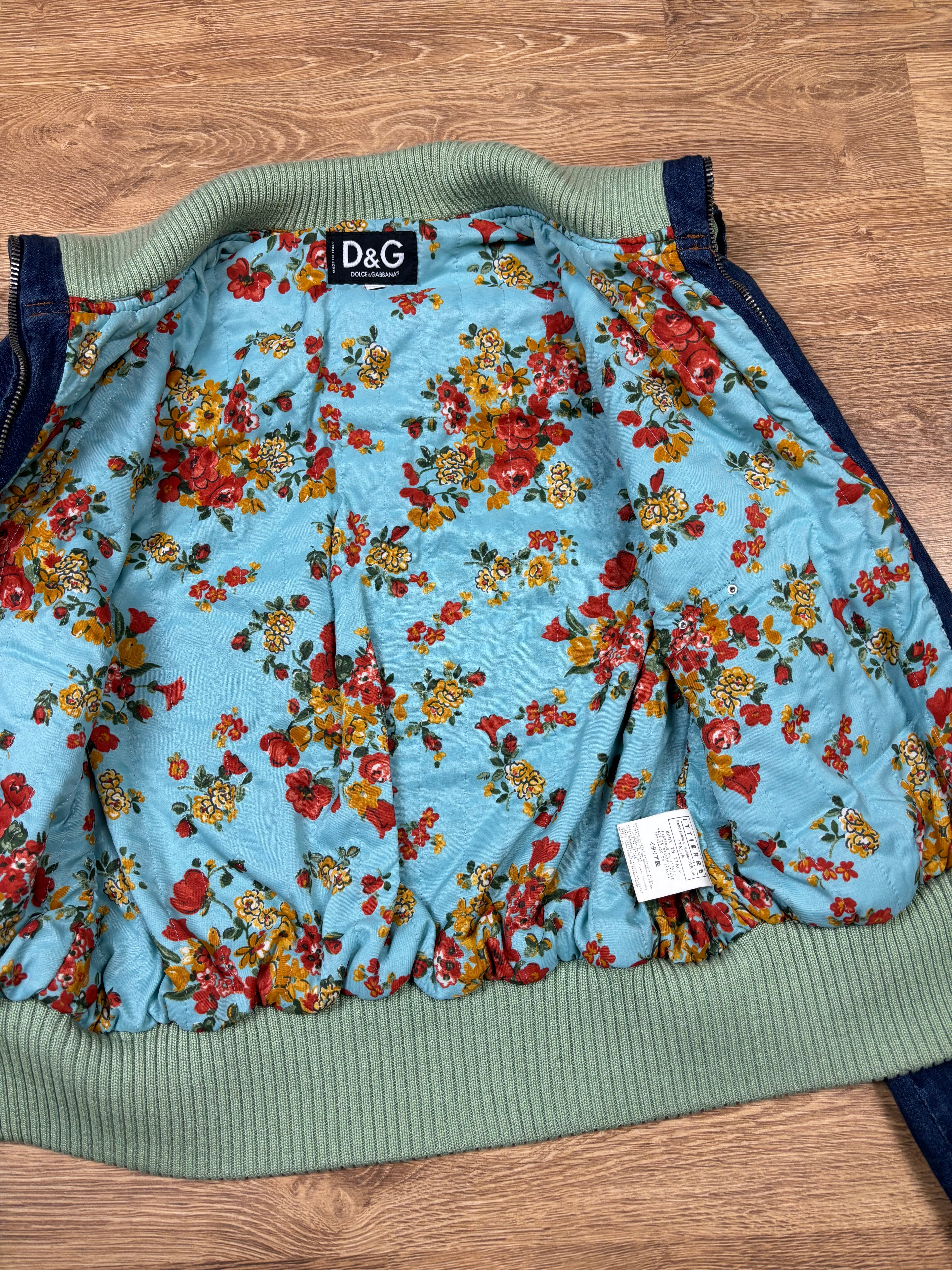 Dolce & Gabbana 2000s Denim Jacket with Ribbed Collar and Floral Lining