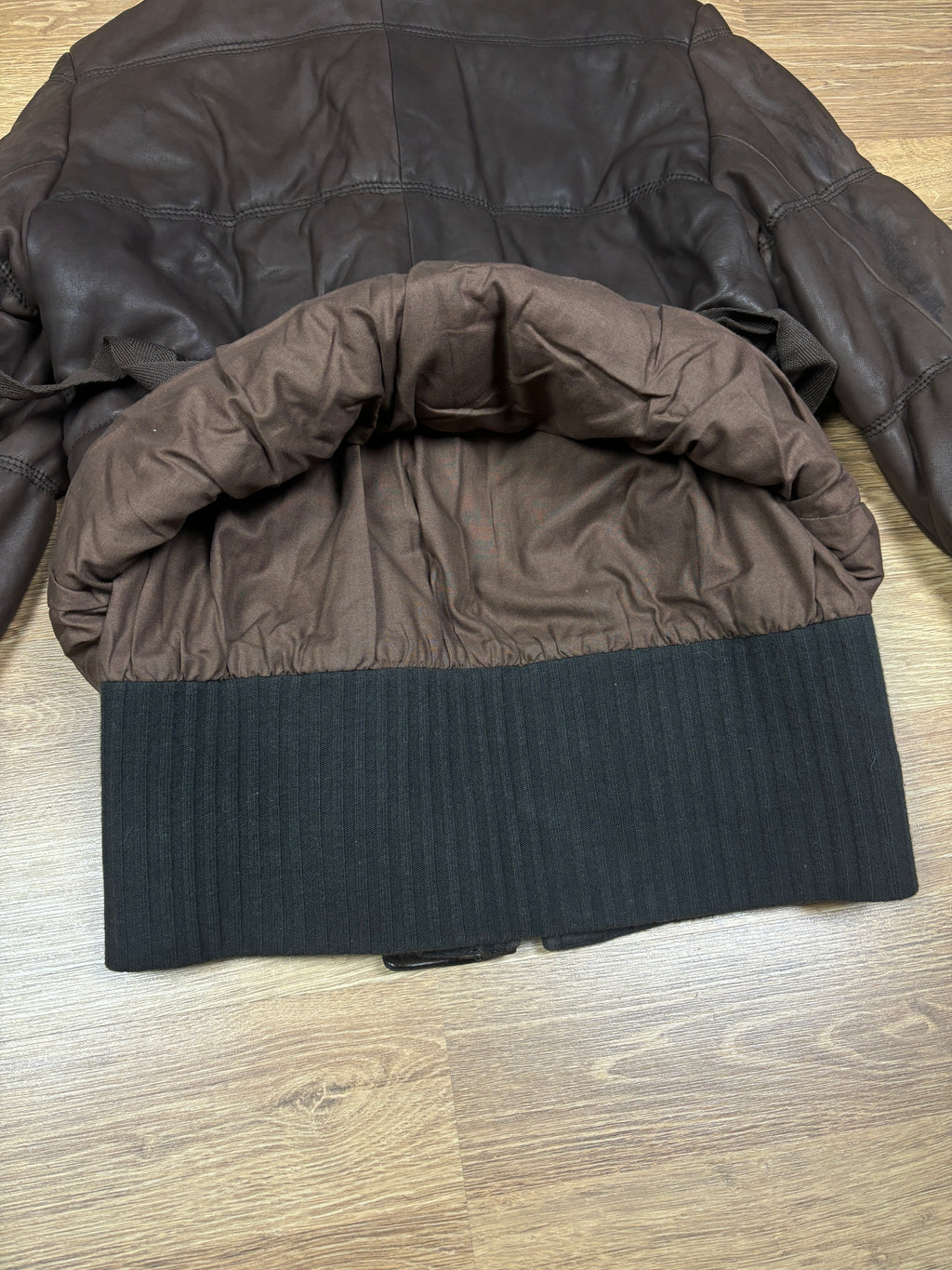 Diesel Brown Leather Puffer Jacket with Ribbed Knit Waist