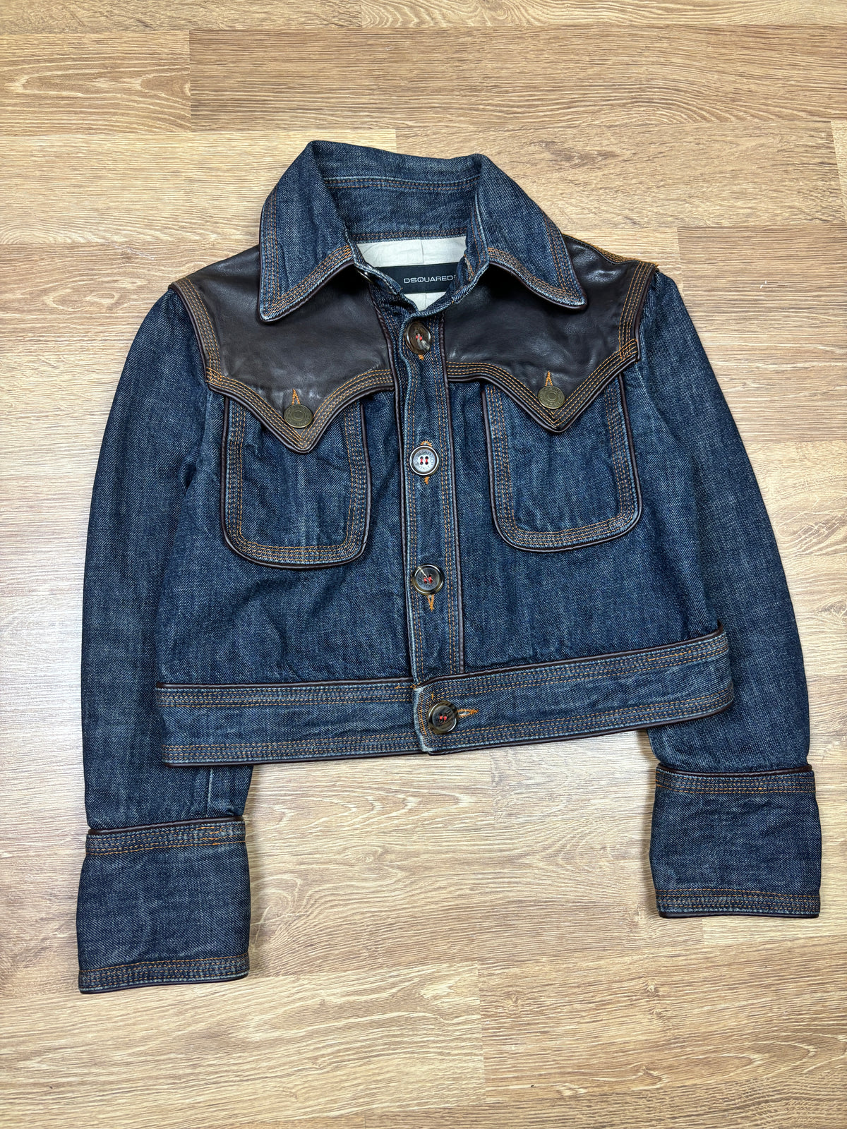 Dsquared2 AW2004 Runway Leather-Trimmed Cropped Denim Jacket