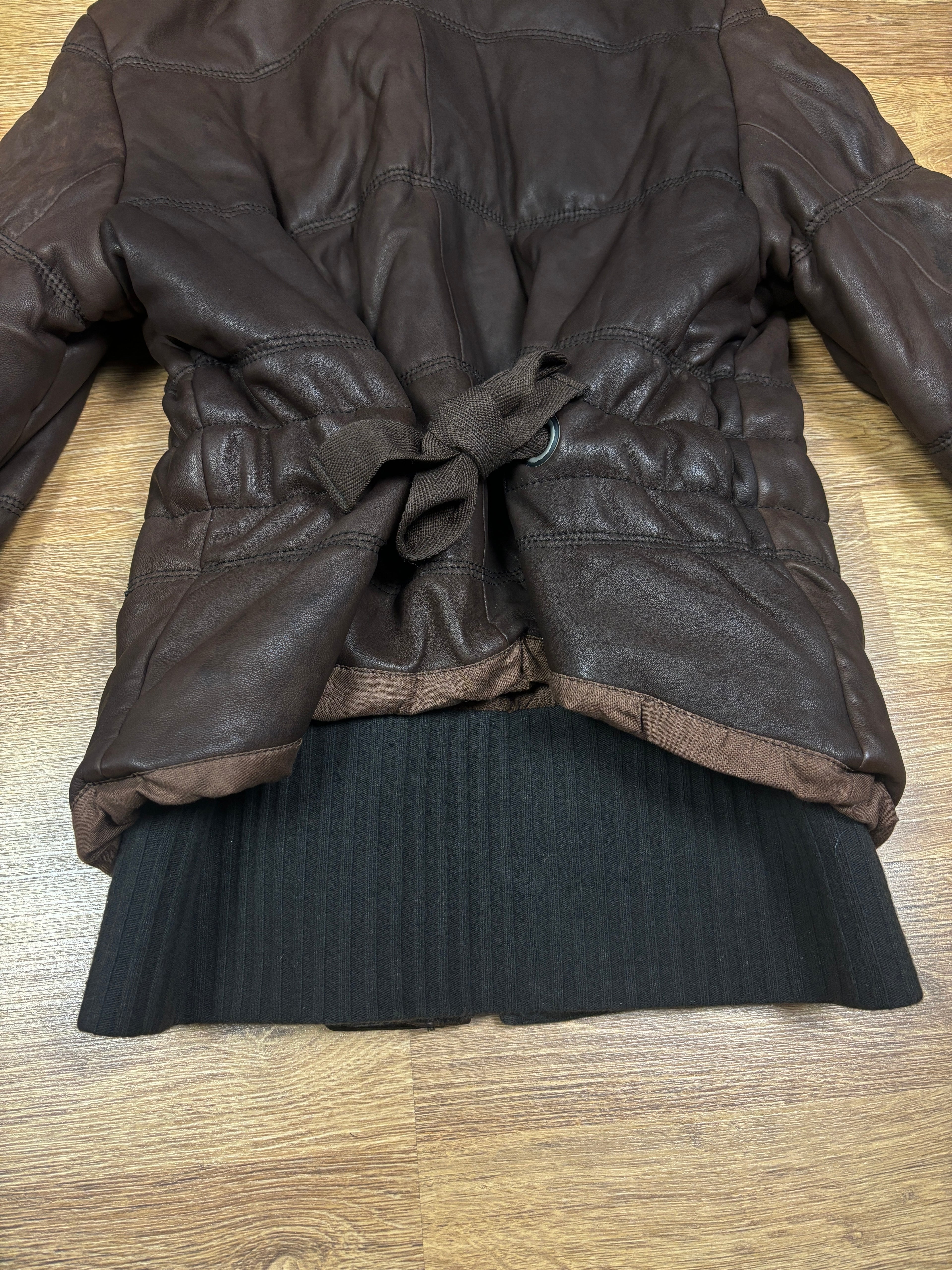 Diesel Brown Leather Puffer Jacket with Ribbed Knit Waist
