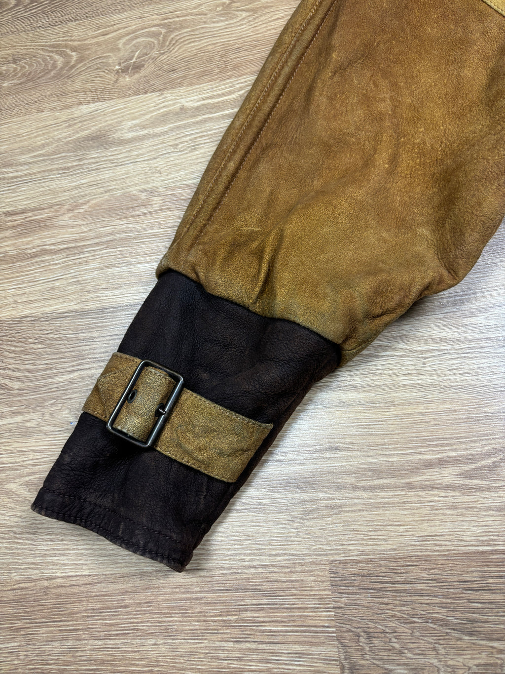 1990s Emporio Armani Shearling Collar Distressed Suede Aviator Jacket