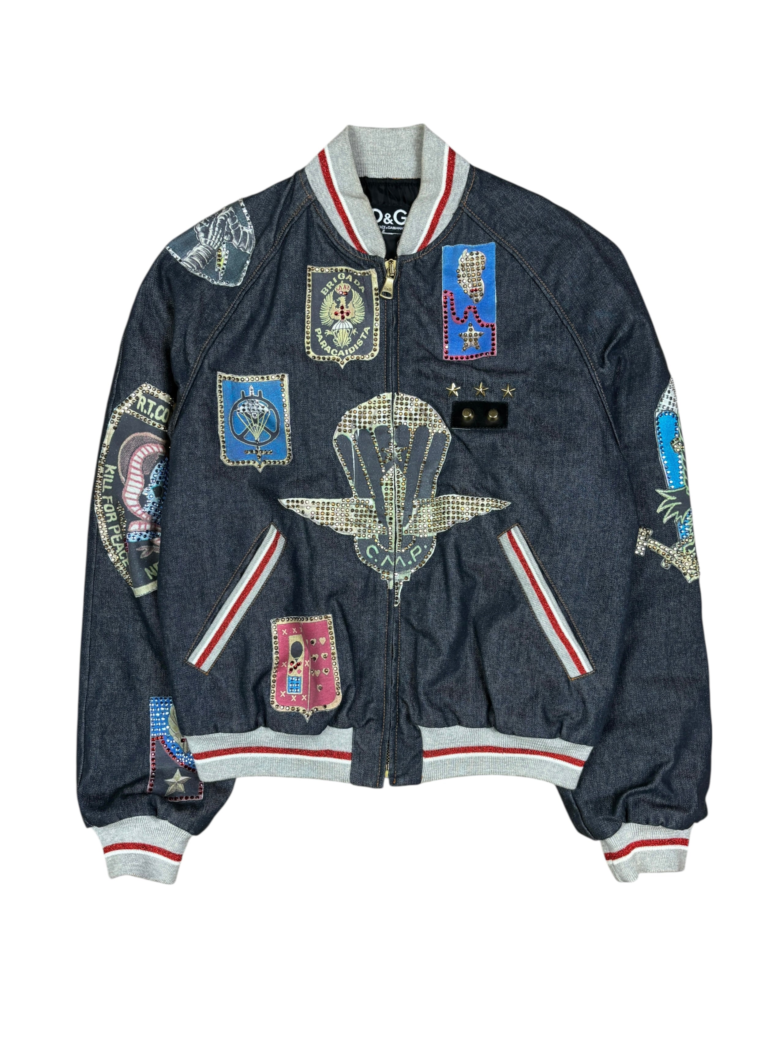 FW2003 Dolce & Gabbana Rhinestone Patchwork Denim Bomber Jacket